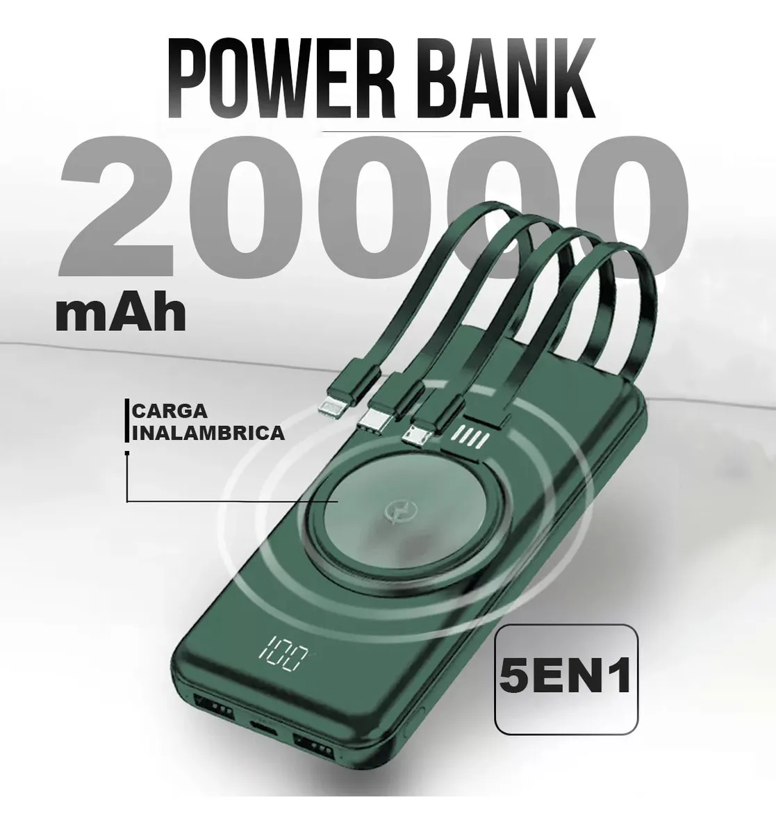 Foto 3 pulgar | Power Bank 20000 Mah Verde Con Carga Inalámbrica  4 Cables Y Pantalla Led