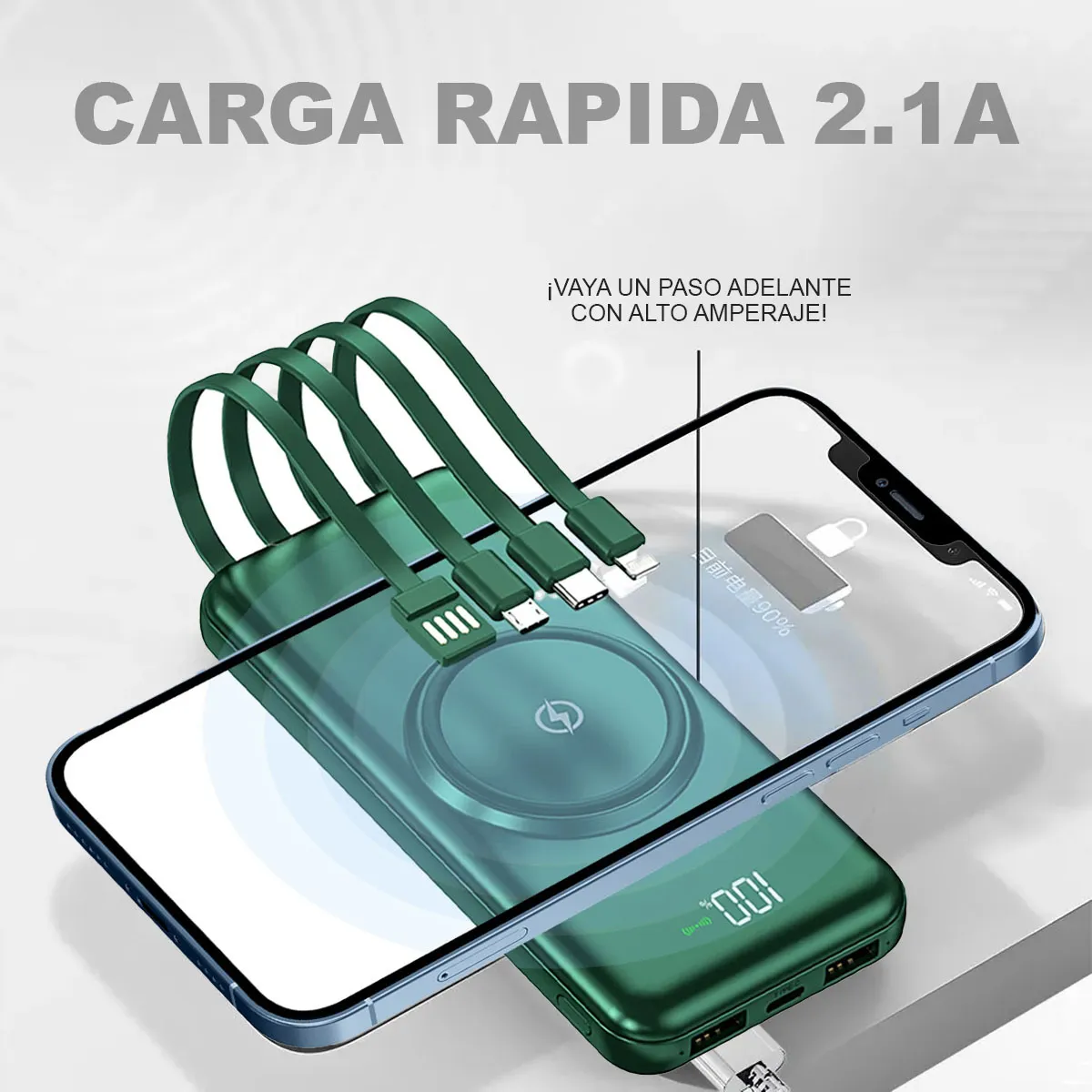 Foto 4 pulgar | Power Bank 20000 Mah Verde Con Carga Inalámbrica  4 Cables Y Pantalla Led