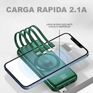 Foto 3 | Power Bank 20000 Mah Verde Con Carga Inalámbrica 4 Cables Y Pantalla Led