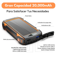 Foto 5 pulgar | Power Bank Bateria Solar 20 000mah Carga Inalámbrica Y Linterna Led  Compacta  Portátil  Resistente.
