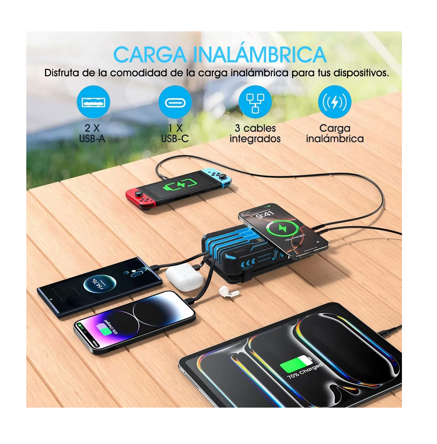 Foto 6 pulgar | Power Bank Solar Portátil 36800 Mah Batería Carga Inalámbrica Negra Azul