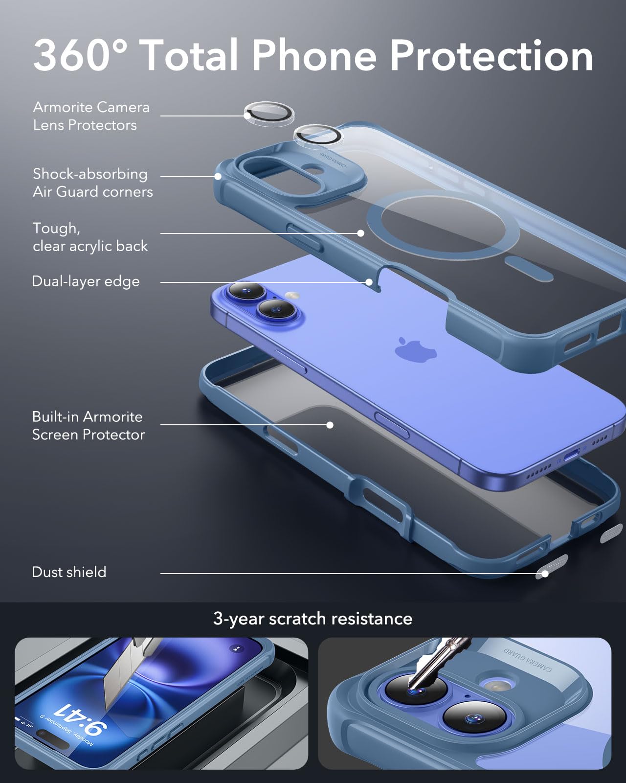 Foto 4 pulgar | Funda De Teléfono Esr Para Iphone 16 Con Vidrio Templado Azul Transparente - Venta Internacional.