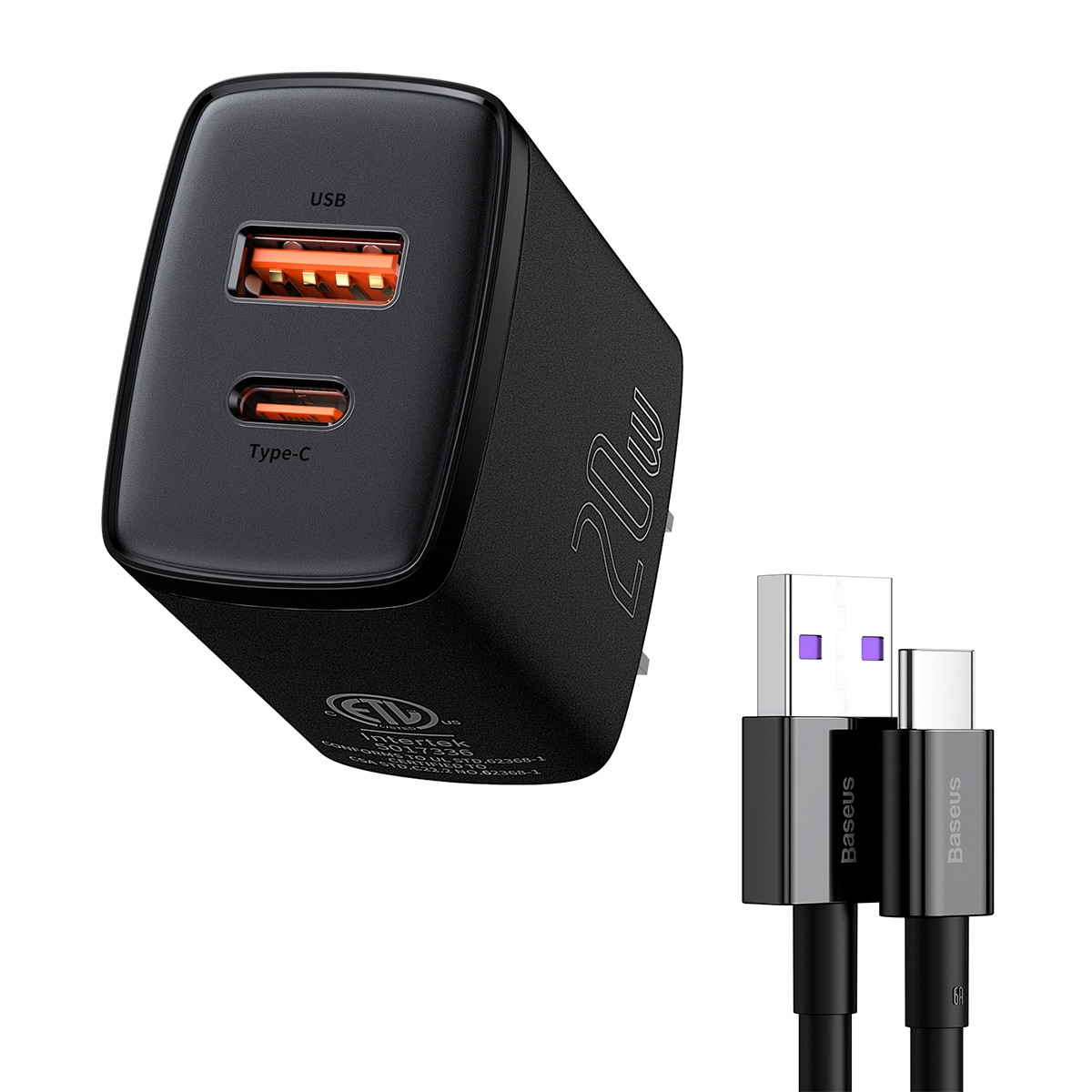 Combo Cargador Baseus 20 W USB C + USB con Cable USB A Tipo C 1 M Negro $335