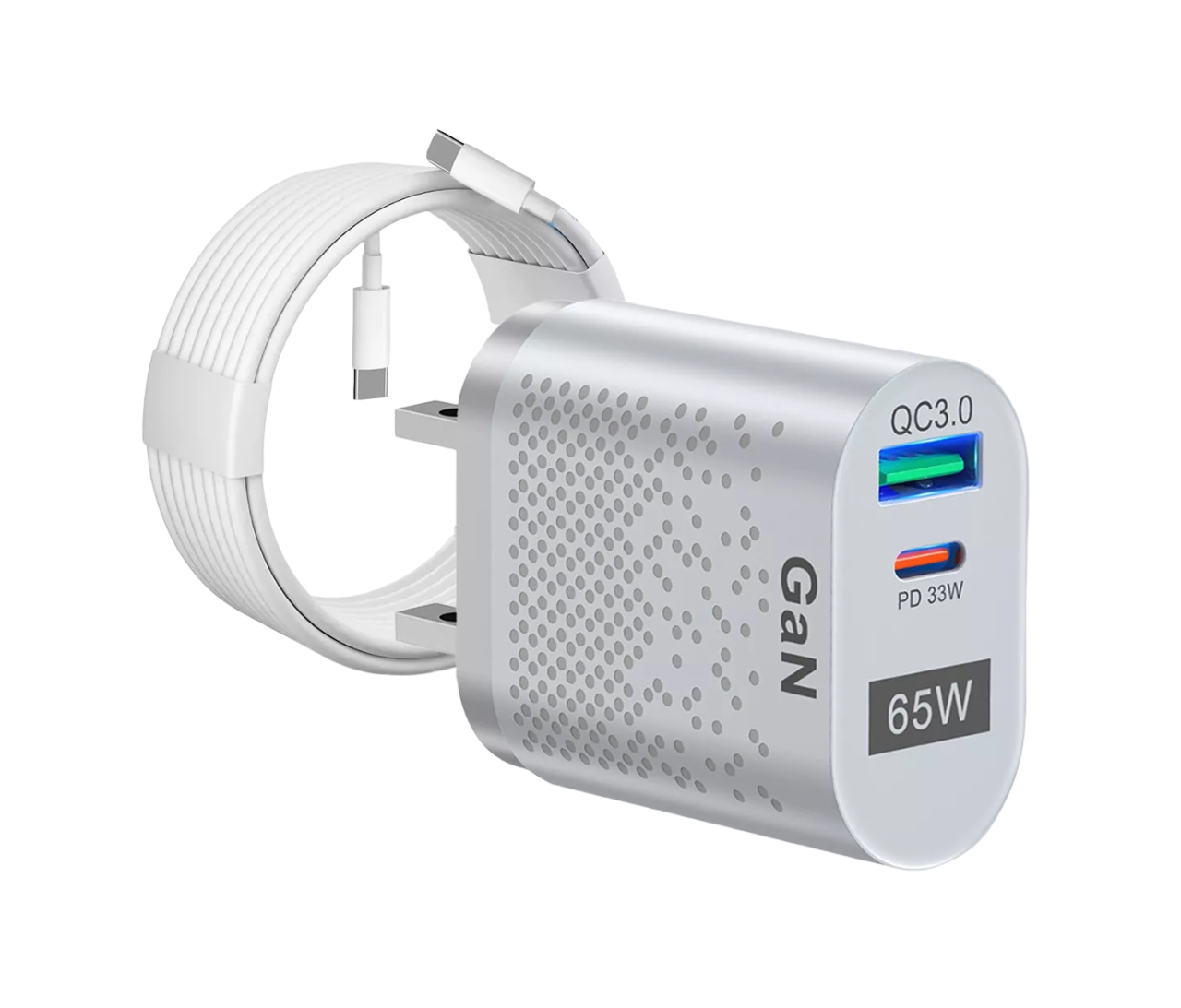 Cargador Carga Rápida 2 Usb 65 W GaN con Cable Tipo C Gris