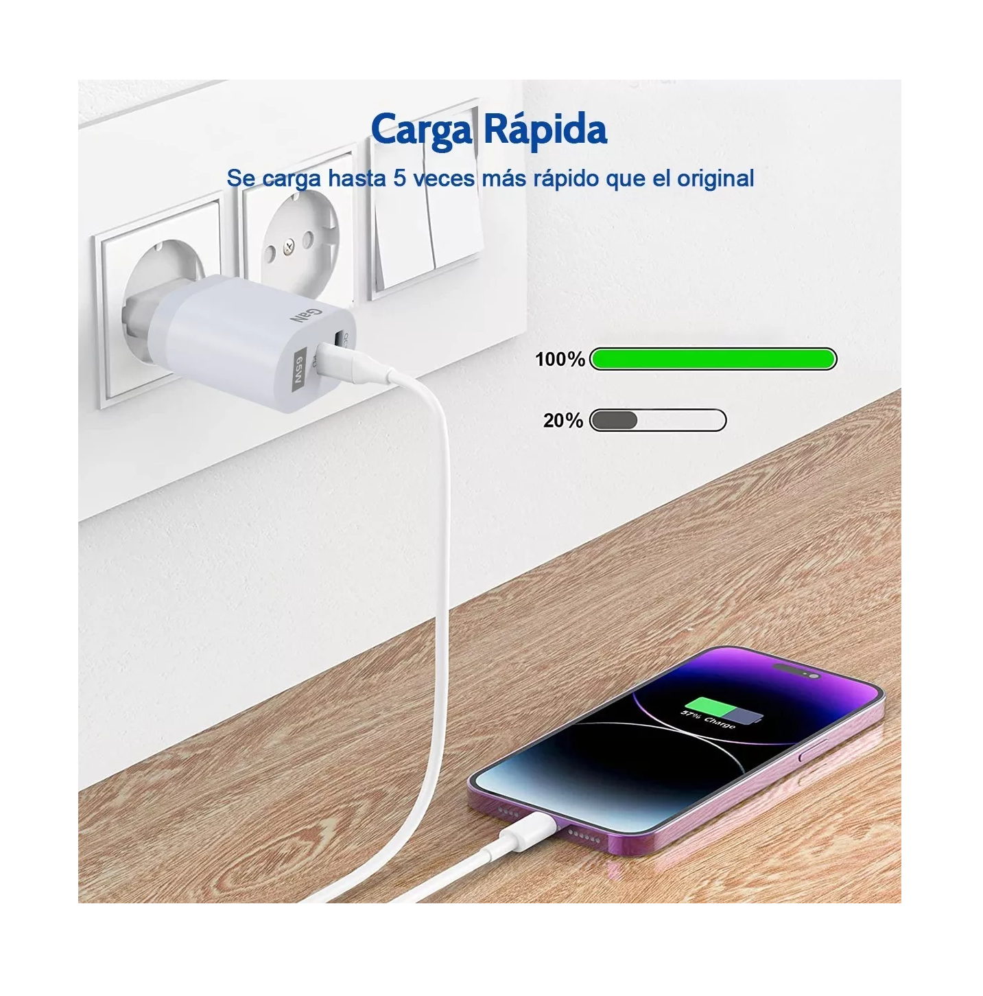 Foto 5 pulgar | Cargador Carga Rápida 2 Usb 65 W GaN con Cable Tipo C Gris