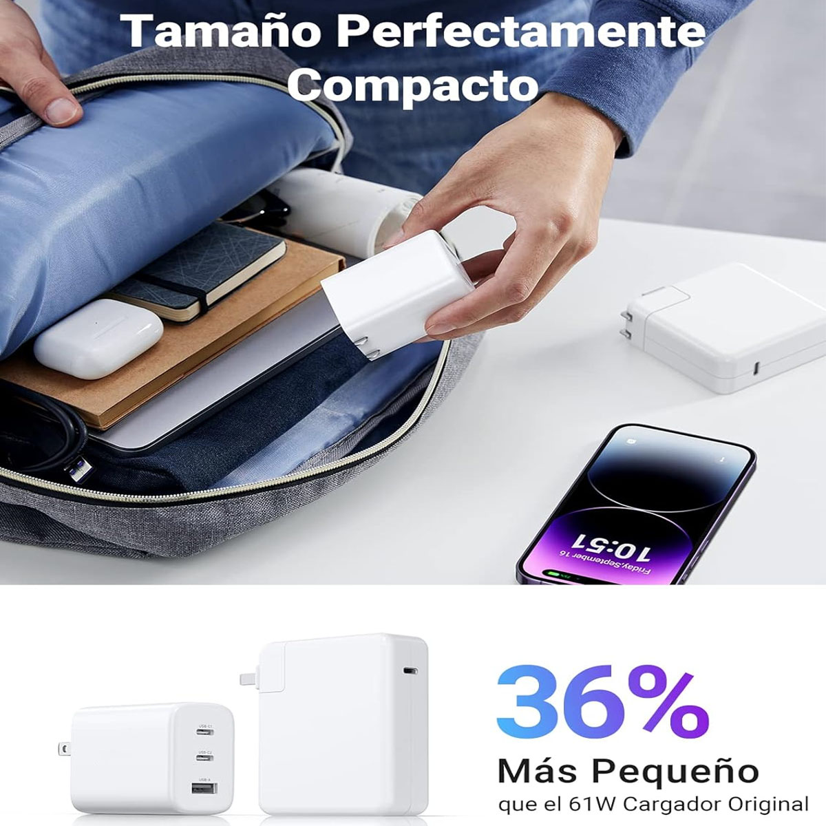 Foto 6 pulgar | Cubo Cargador USB C 65W con 3 Puertos de Carga Rápida para MacBook