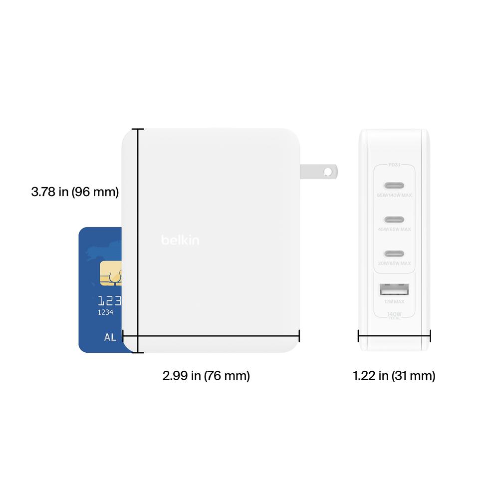 Foto 6 pulgar | Cargador De Pared De 4 Puertos Con 3 Entradas Usb C Y 1 Entrada Usb A De 140w Blanco