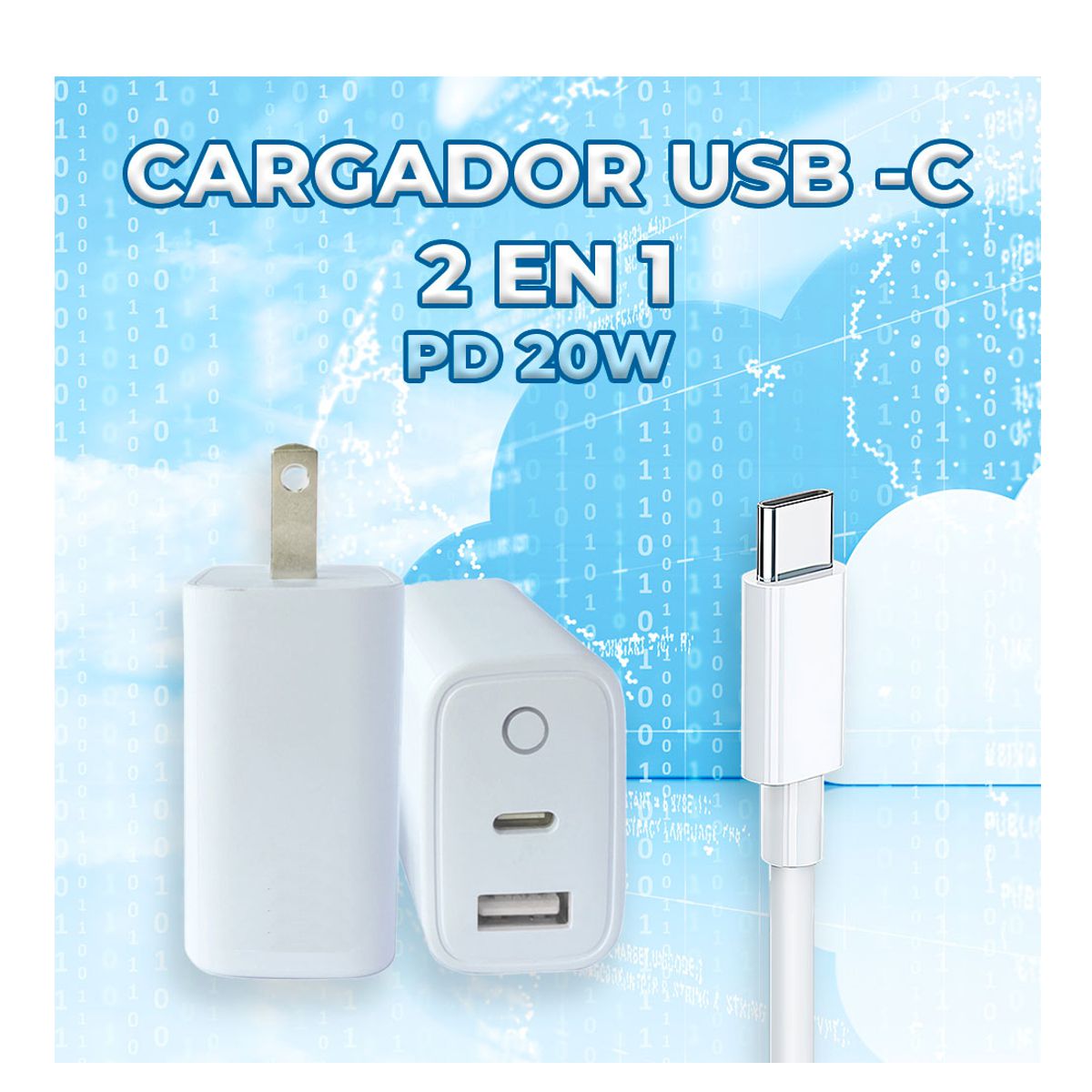 Foto 3 pulgar | Combo Cargador Usb 2 En 1 Tipo C 20w Tipo A Carga Rápida Cable 1mt