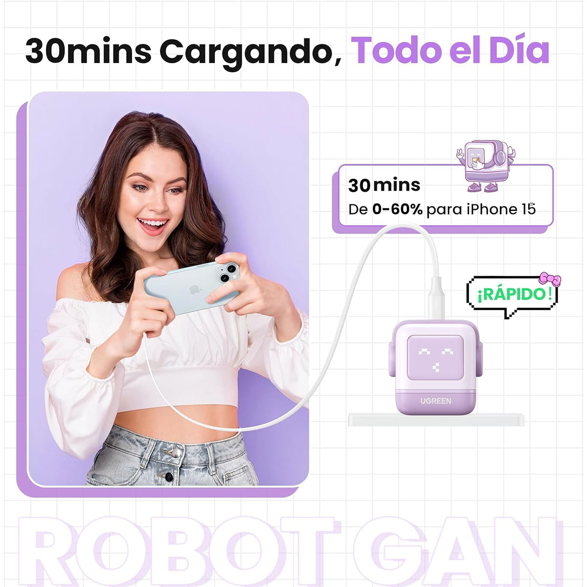 Foto 4 pulgar | Cargador Tipo C 30w Ugreen Nexode Robot Gan Carga Rápida Lila