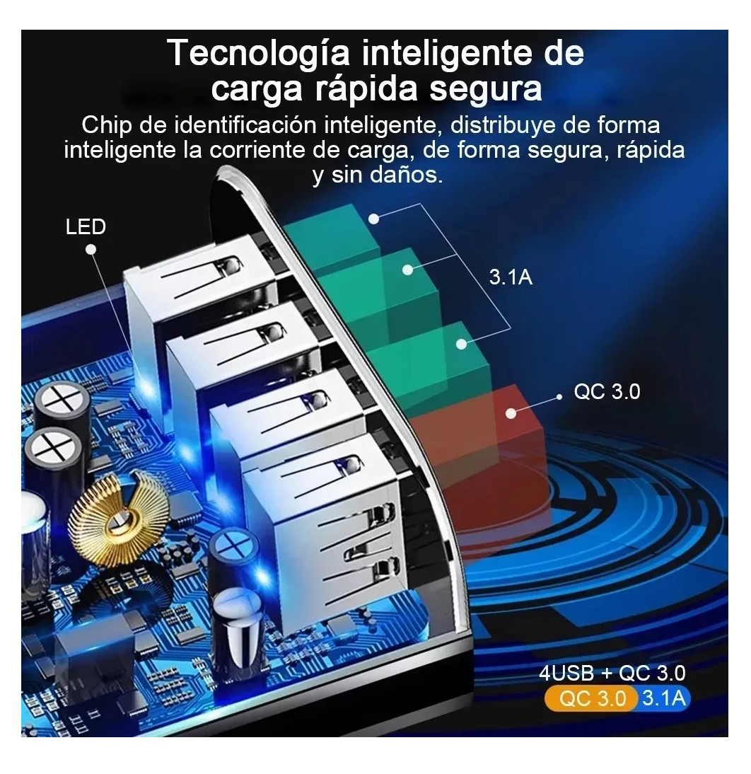 Foto 4 | Cubo De Carga Rápida 1 Puerto De Qc 3.0 + 3 Salidas De Usb Con Luz Compatibilidad Universal Blanco