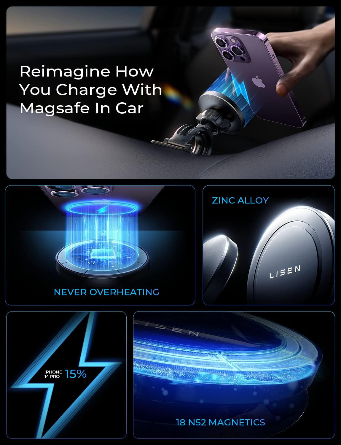 Foto 3 pulgar | Cargador De Coche Lisen Magsafe De Carga Rápida Inalámbrica De 15 W - Venta Internacional.