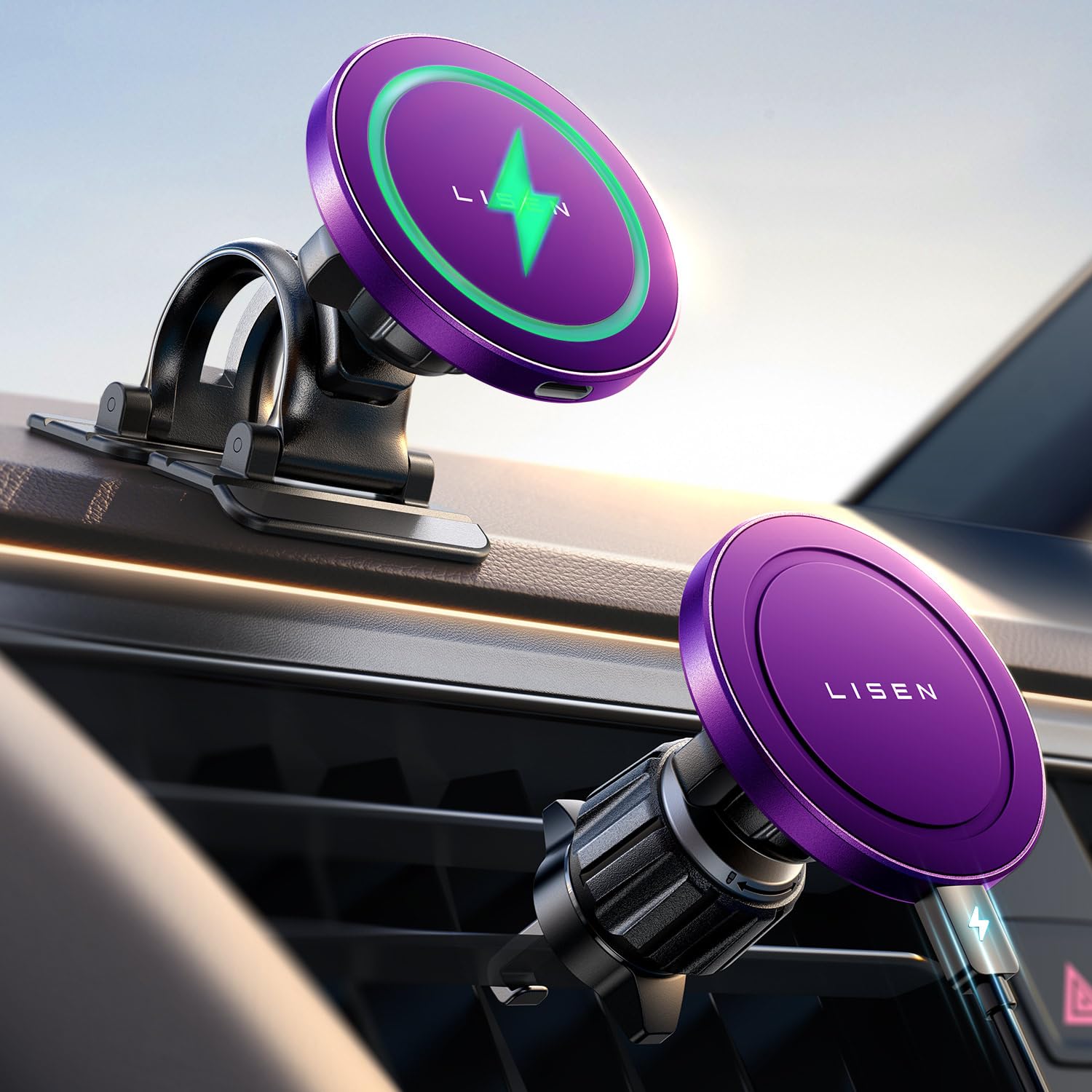 Cargador De Coche Lisen Magsafe Dash 15w Inalámbrico Morado - Venta Internacional.