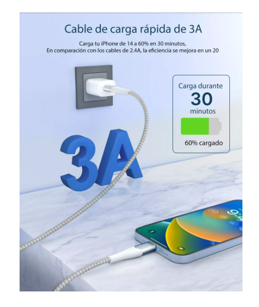 Foto 3 pulgar | Cable De Datos Para Iphone Lightning Carga Rapida 2m Blanco