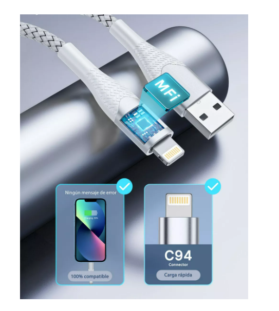 Foto 4 pulgar | Cable De Datos Para Iphone Lightning Carga Rapida 2m Blanco