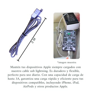 Foto 3 | Pack De 3 Cables Cargador 3m Reforzados Para Iphone - Usb A Lightning, Alta Resistencia Y Durabilidad,compatibles Co