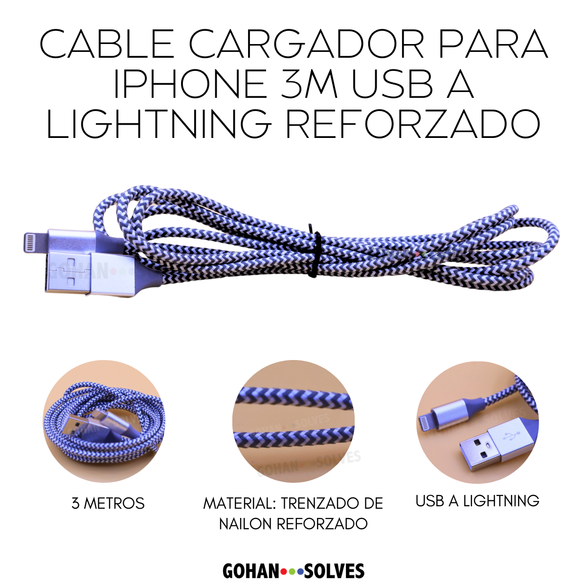 Foto 7 pulgar | Pack De 3 Cables Cargador 3m Reforzados Para Iphone - Usb A Lightning, Alta Resistencia Y Durabilidad,compatibles Co