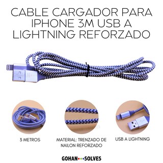 Foto 6 | Pack De 3 Cables Cargador 3m Reforzados Para Iphone - Usb A Lightning, Alta Resistencia Y Durabilidad,compatibles Co