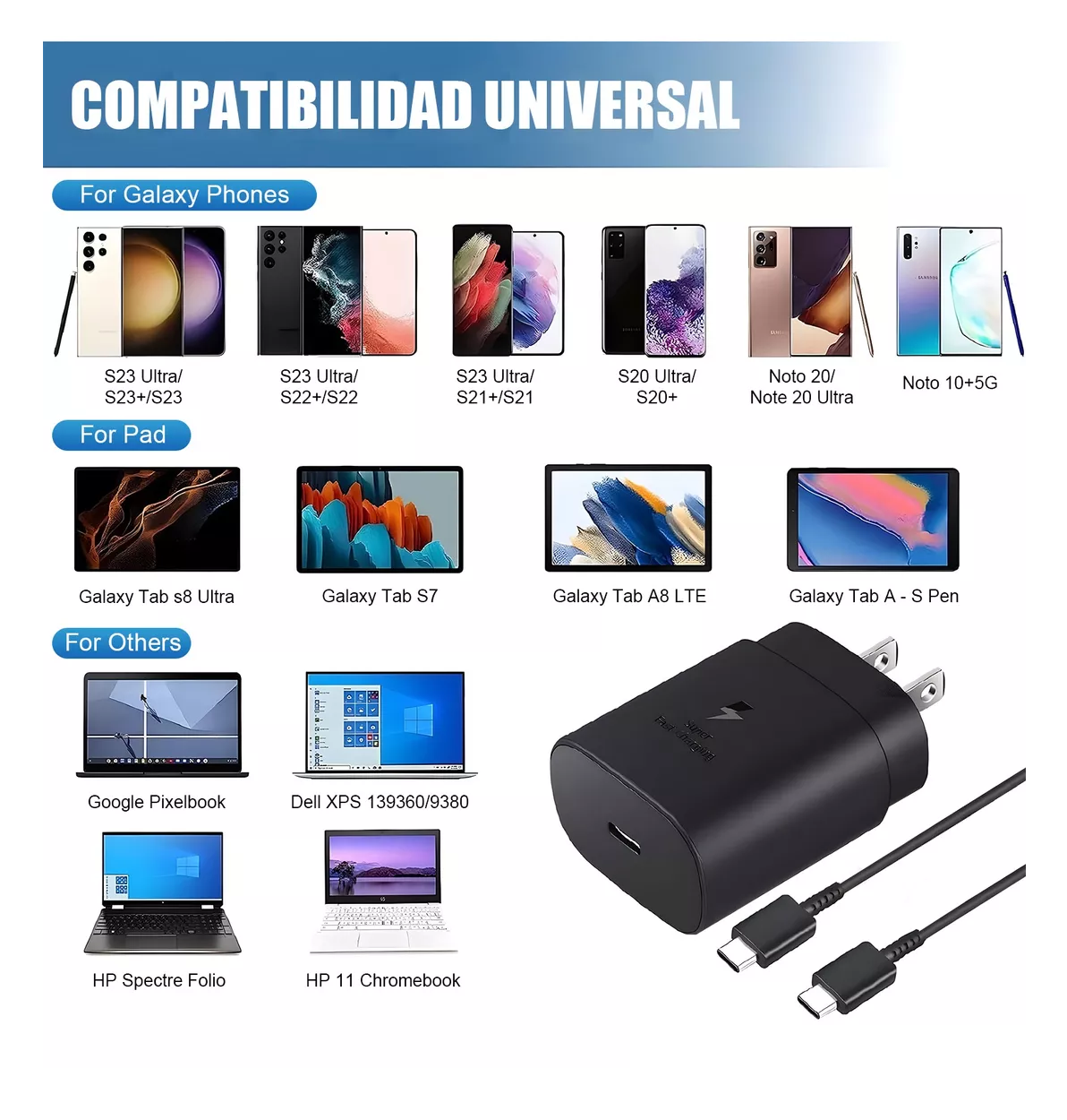 Foto 6 pulgar | Cargador Rápido Tipo C De 25w Para Samsung Galaxy Con Cable Negro