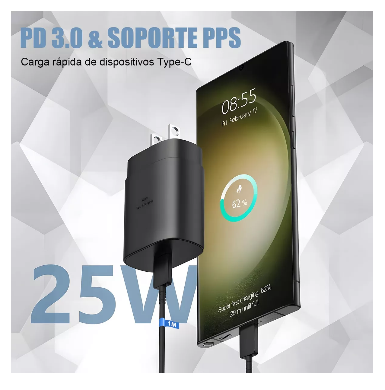 Foto 3 pulgar | Cargador Rápido Tipo C De 25w Para Samsung Galaxy Con Cable Negro