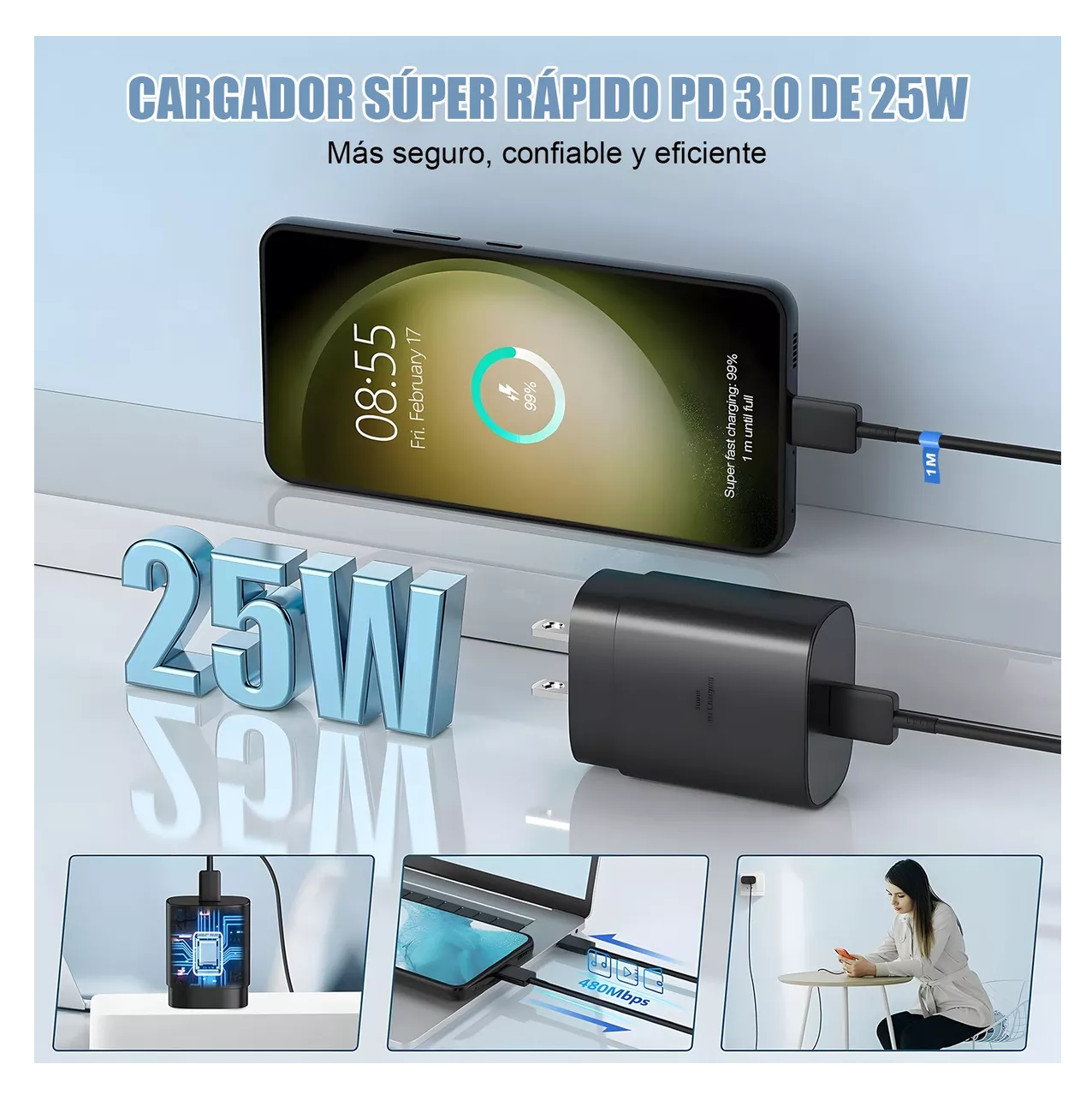 Foto 4 pulgar | Cargador Rápido Tipo C De 25w Para Samsung Galaxy Con Cable Negro