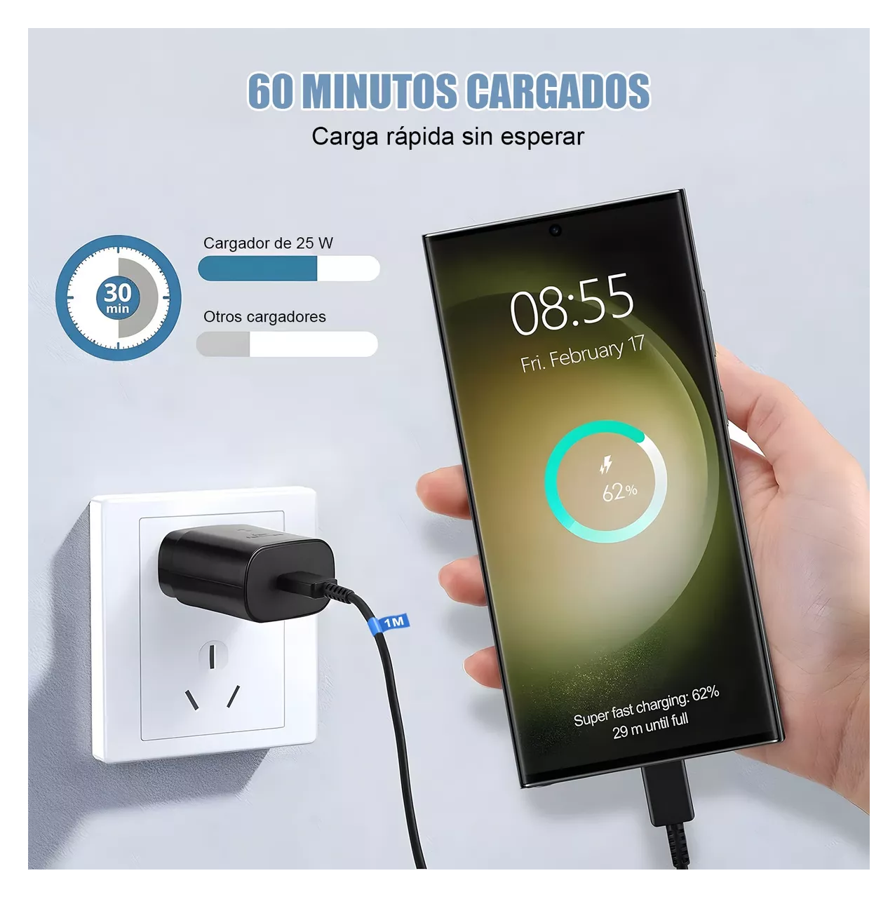 Foto 5 pulgar | Cargador Rápido Tipo C De 25w Para Samsung Galaxy Con Cable Negro