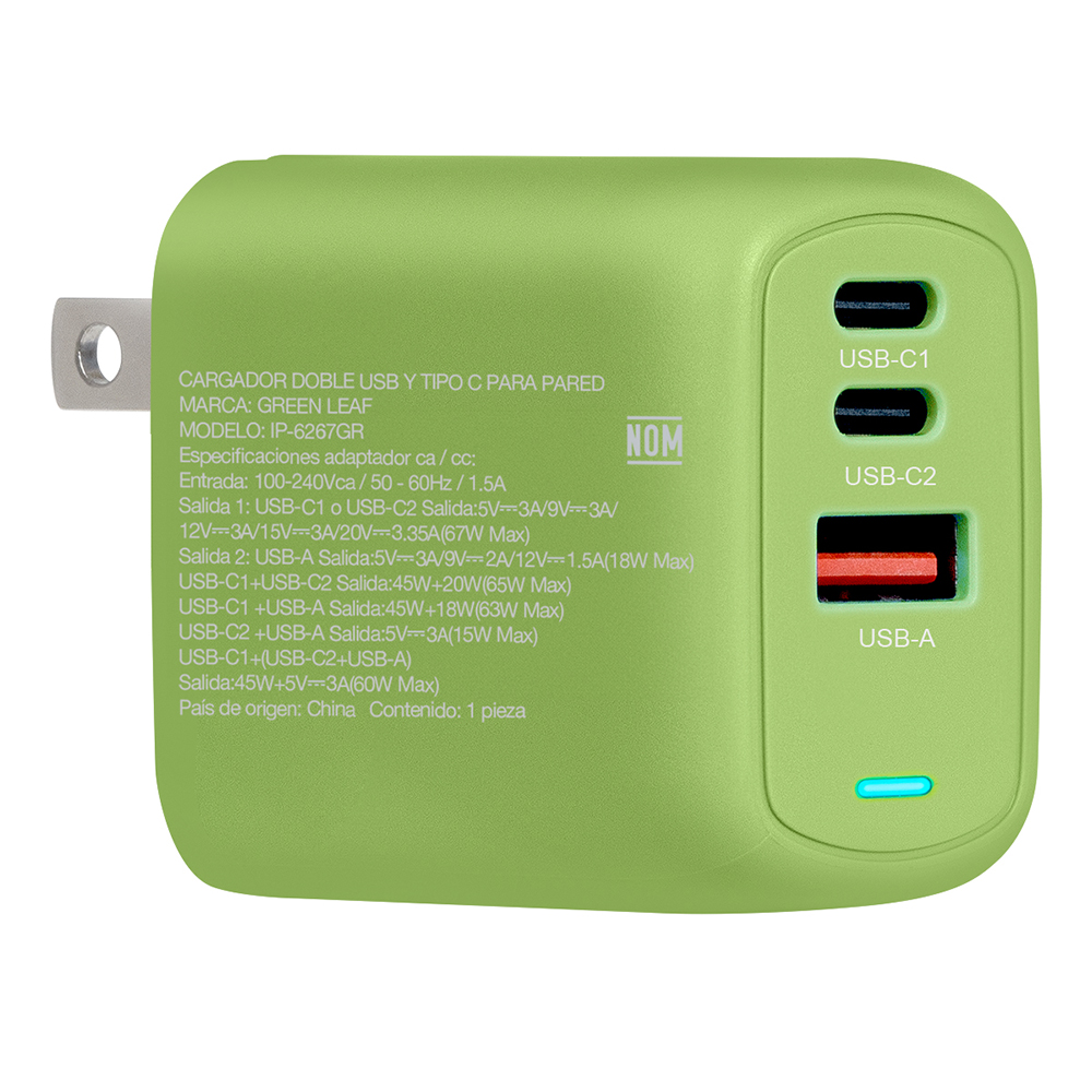 Foto 2 pulgar | Cargador Green Leaf Ip-6267gr 1 Usb 2 Tipo C Ultra Rápido