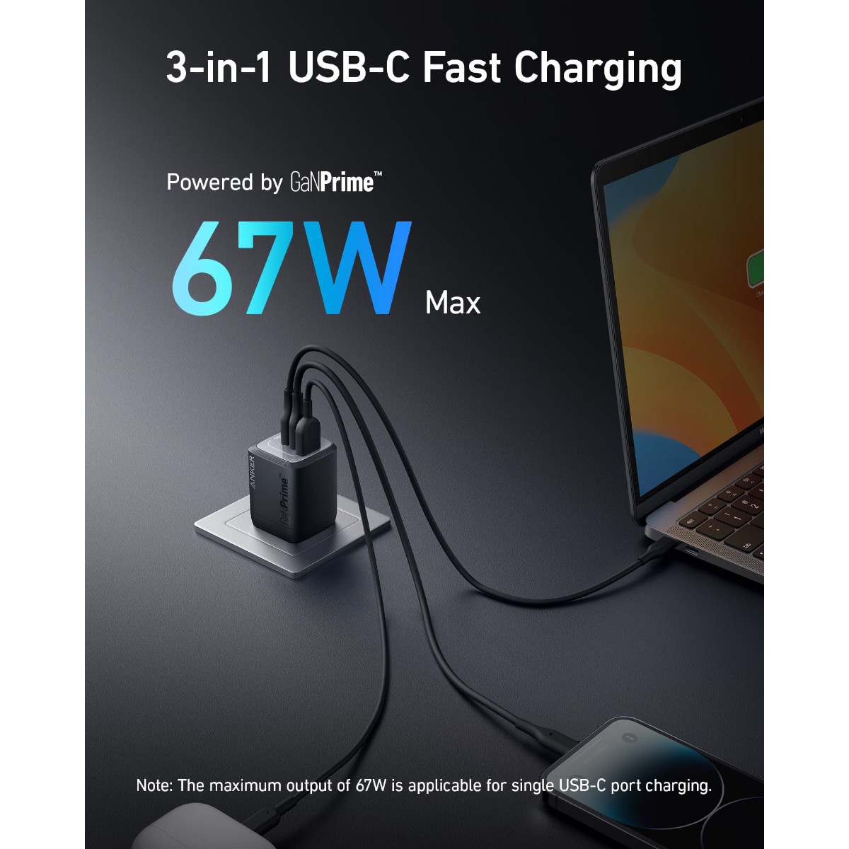 Foto 5 pulgar | Cargador Anker 67w Pared 3 Puertos (2 Usb-c / 1 Usb-a) Prime