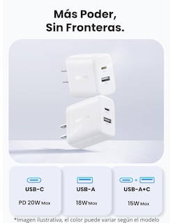 Foto 4 | Cargador 2 En 1 Ugreen Carga Rápida 20w Negro 1 Usb C, 1 Usb A