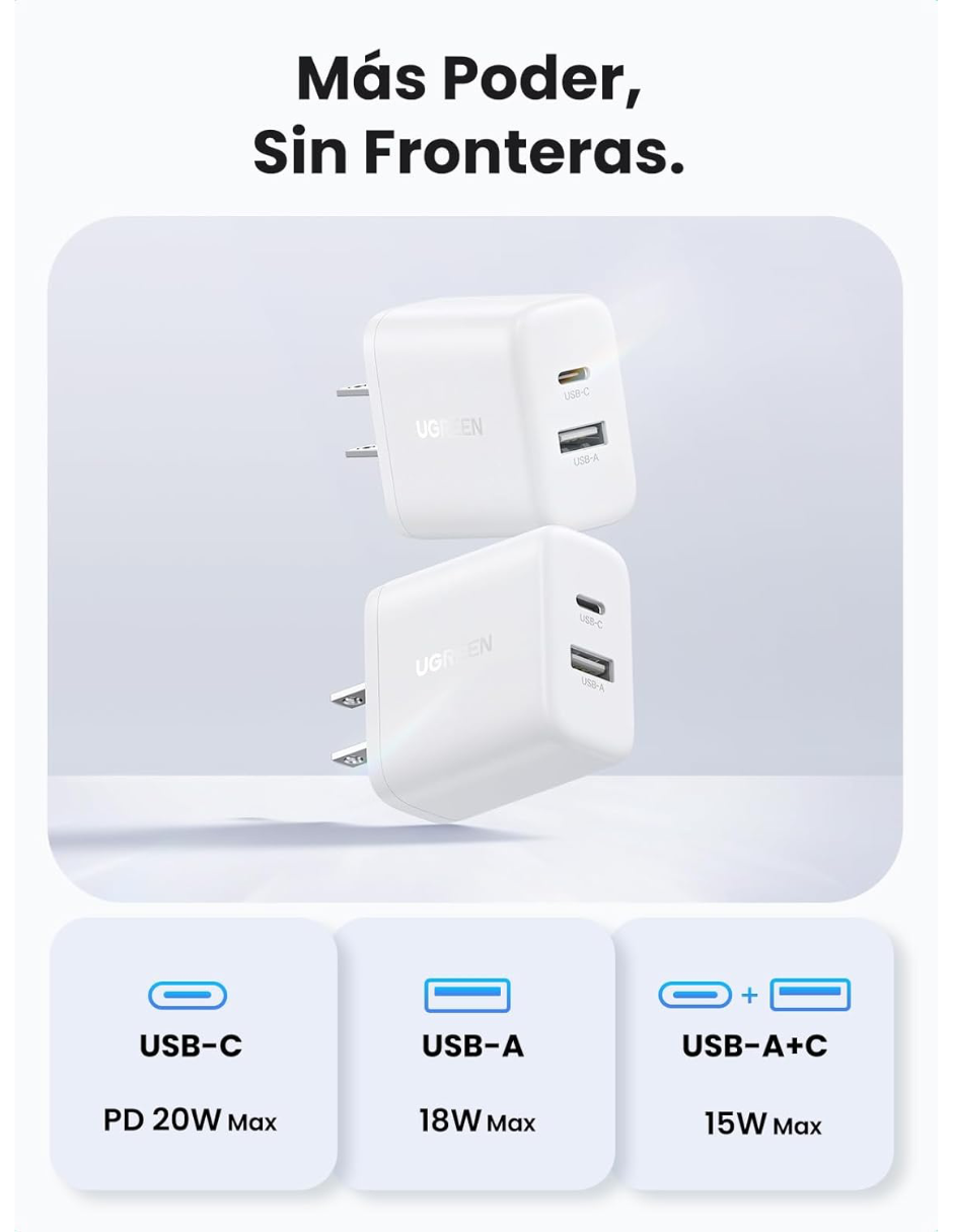 Foto 4 | Cargador 2 En 1 Ugreen Carga Rápida 20w Blanco 1 Usb C, 1 Usb A