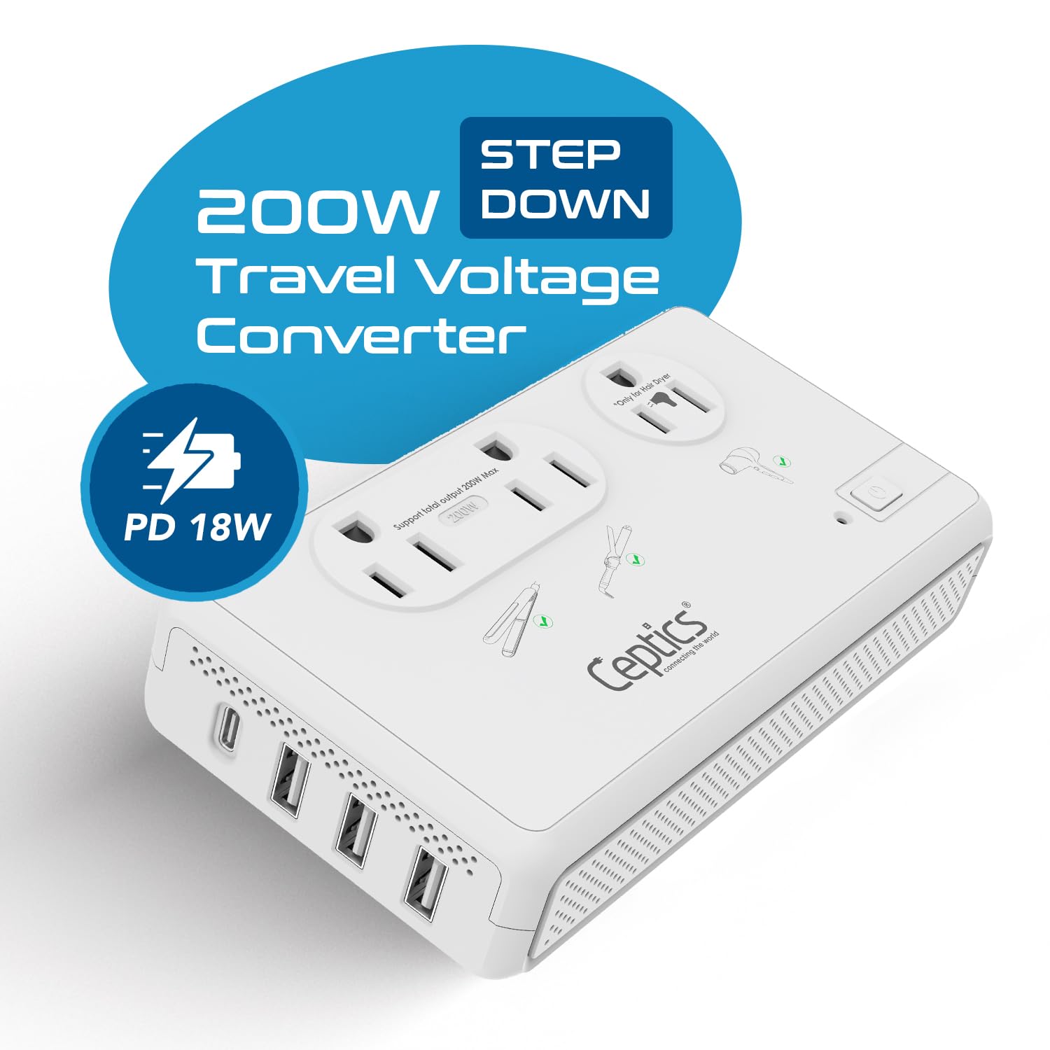 Foto 3 pulgar | Convertidor De Voltaje Ceptics De 220 V A 110 V Con Enchufes Tipo C, E/f, G, I - Venta Internacional.