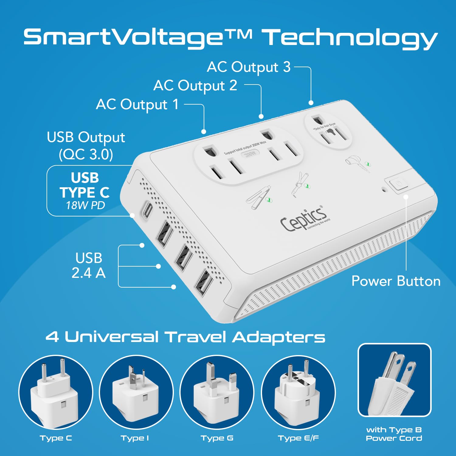 Foto 4 pulgar | Convertidor De Voltaje Ceptics De 220 V A 110 V Con Enchufes Tipo C, E/f, G, I - Venta Internacional.
