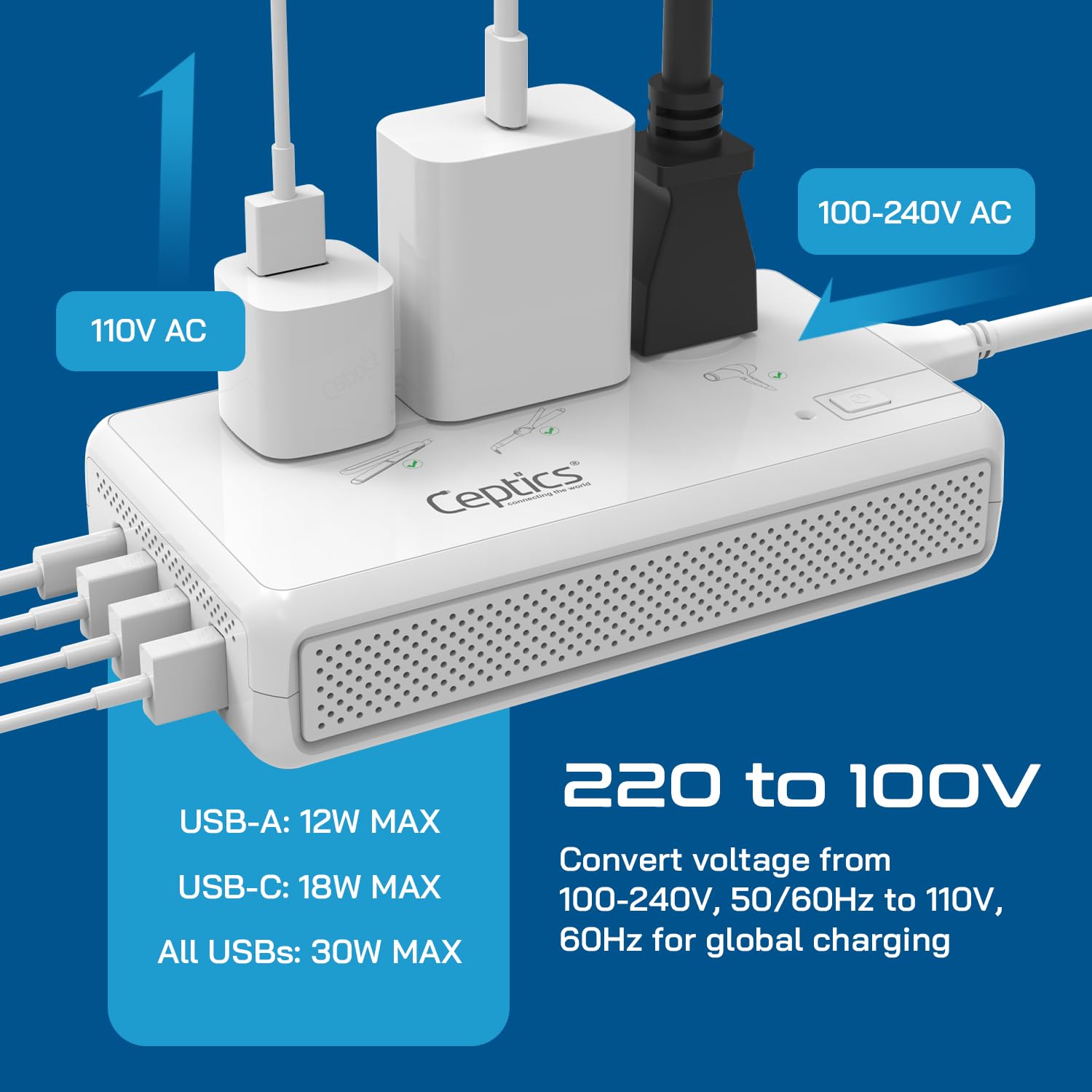 Foto 6 pulgar | Convertidor De Voltaje Ceptics De 220 V A 110 V Con Enchufes Tipo C, E/f, G, I - Venta Internacional.