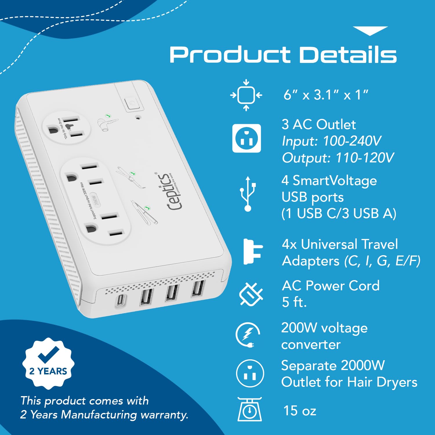 Foto 7 pulgar | Convertidor De Voltaje Ceptics De 220 V A 110 V Con Enchufes Tipo C, E/f, G, I - Venta Internacional.