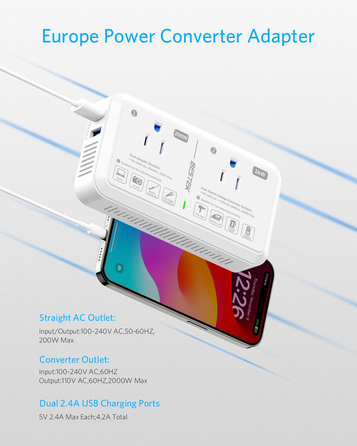 Foto 4 pulgar | Adaptador De Viaje, Convertidor De Voltaje De 220 V A 110 V, 2000 W Con Usb - Venta Internacional.