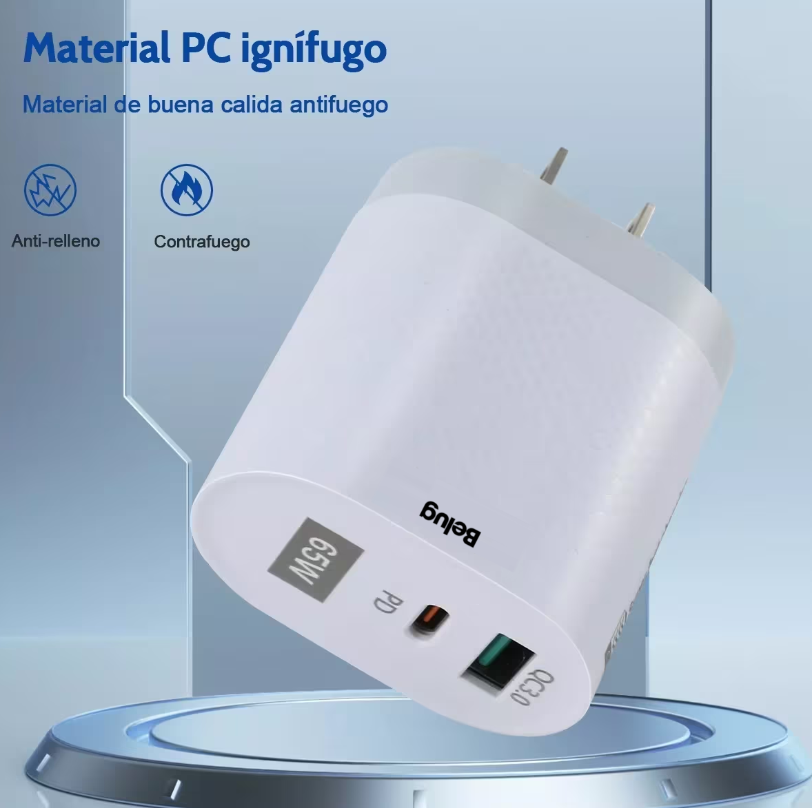 Foto 6 pulgar | Cargador Carga Rápida 2 Usb 65 W Con Cable Tipo C Belug, Gris