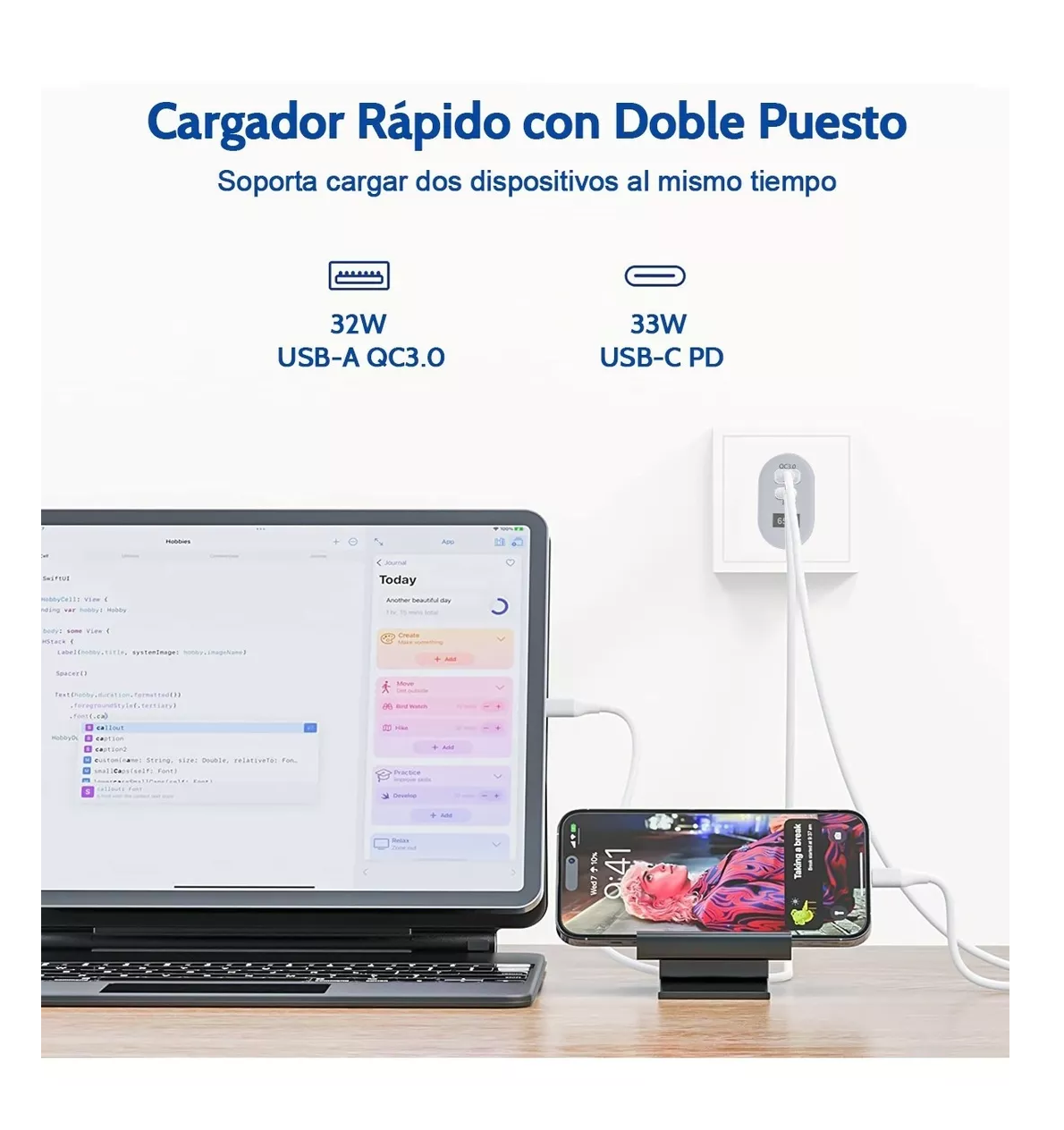 Foto 3 | Cargador de Carga Rápida 2 Usb 65 W con Cable Tipo C Gris