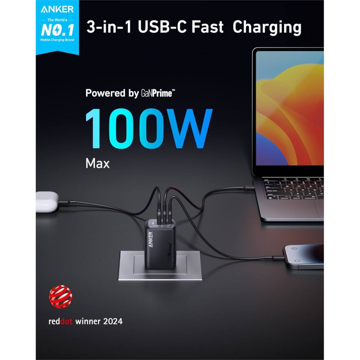 Foto 2 | Cargador De Pared Anker Prime 100w 3 Puertos 1 Usb-a 2 Usb-c