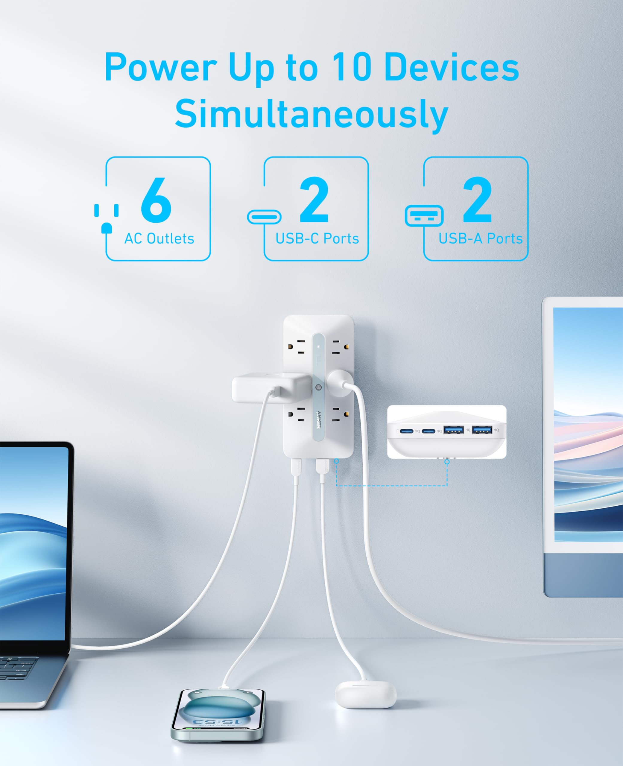 Foto 4 pulgar | Cargador De Pared Anker, Extensor De Salida 10 En 1, 6 Ac, 2 Usb A, 2 Usb C - Venta Internacional.