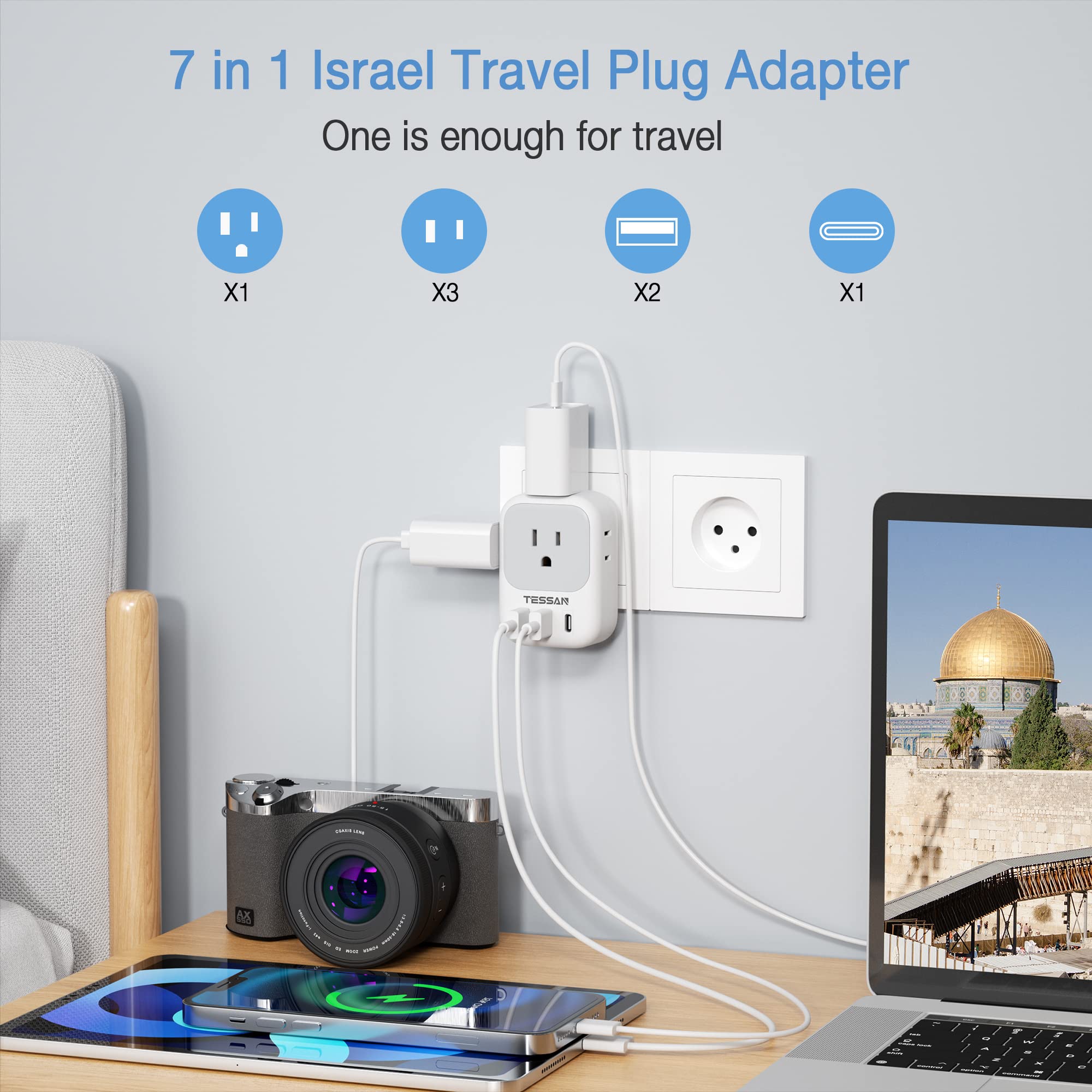 Foto 2 | Adaptador De Corriente Tessan Us A Israel Con 4 Salidas, 3 Usb Tipo H - Venta Internacional.