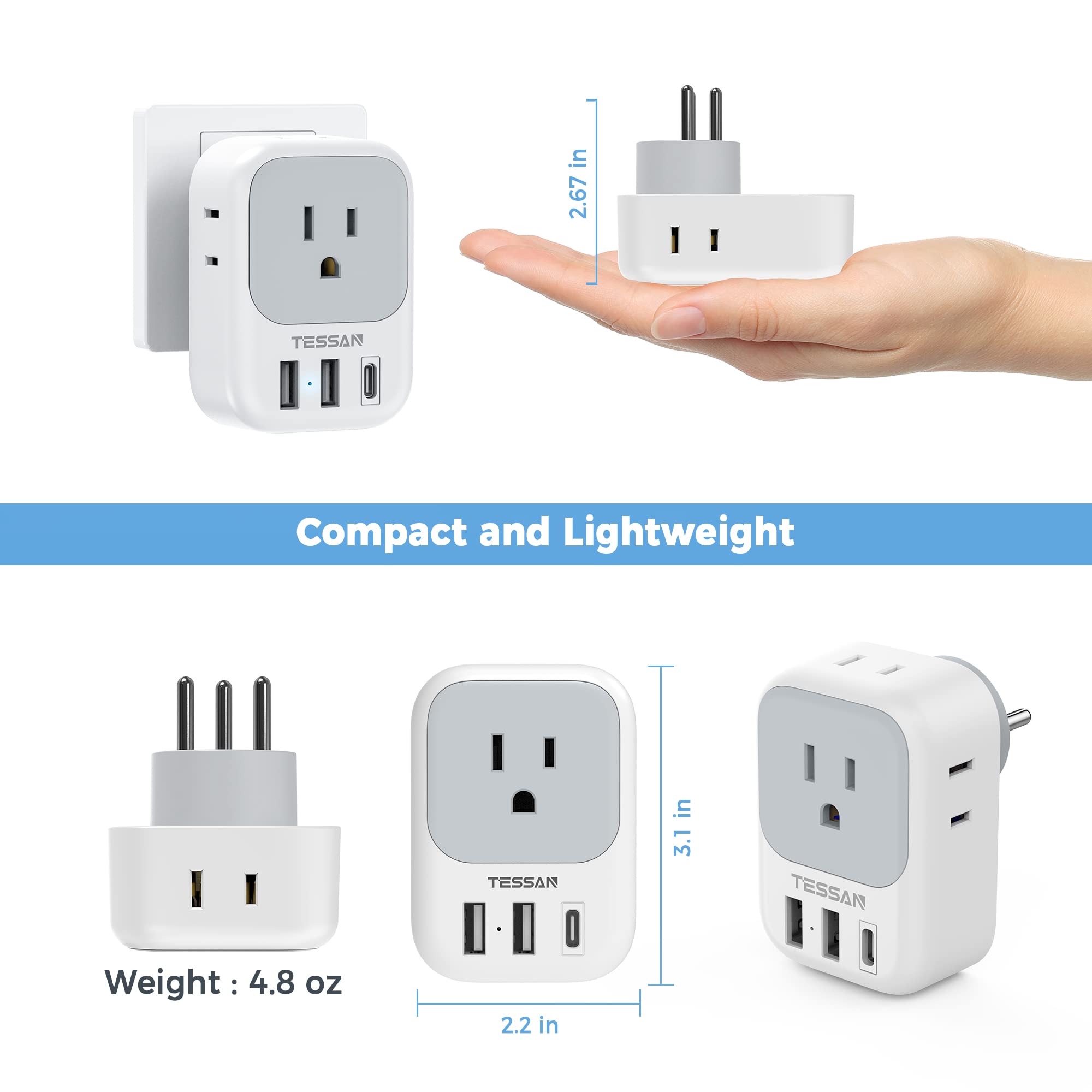 Foto 6 pulgar | Adaptador De Corriente Tessan Us A Israel Con 4 Salidas, 3 Usb Tipo H - Venta Internacional.