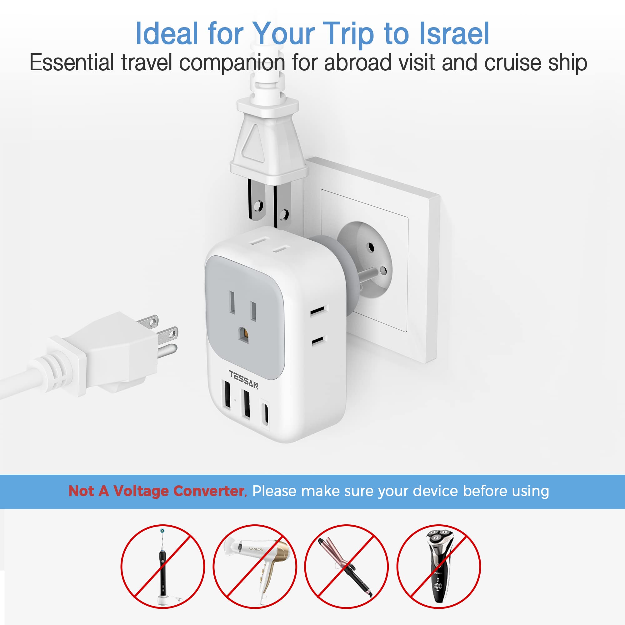 Foto 7 pulgar | Adaptador De Corriente Tessan Us A Israel Con 4 Salidas, 3 Usb Tipo H - Venta Internacional.