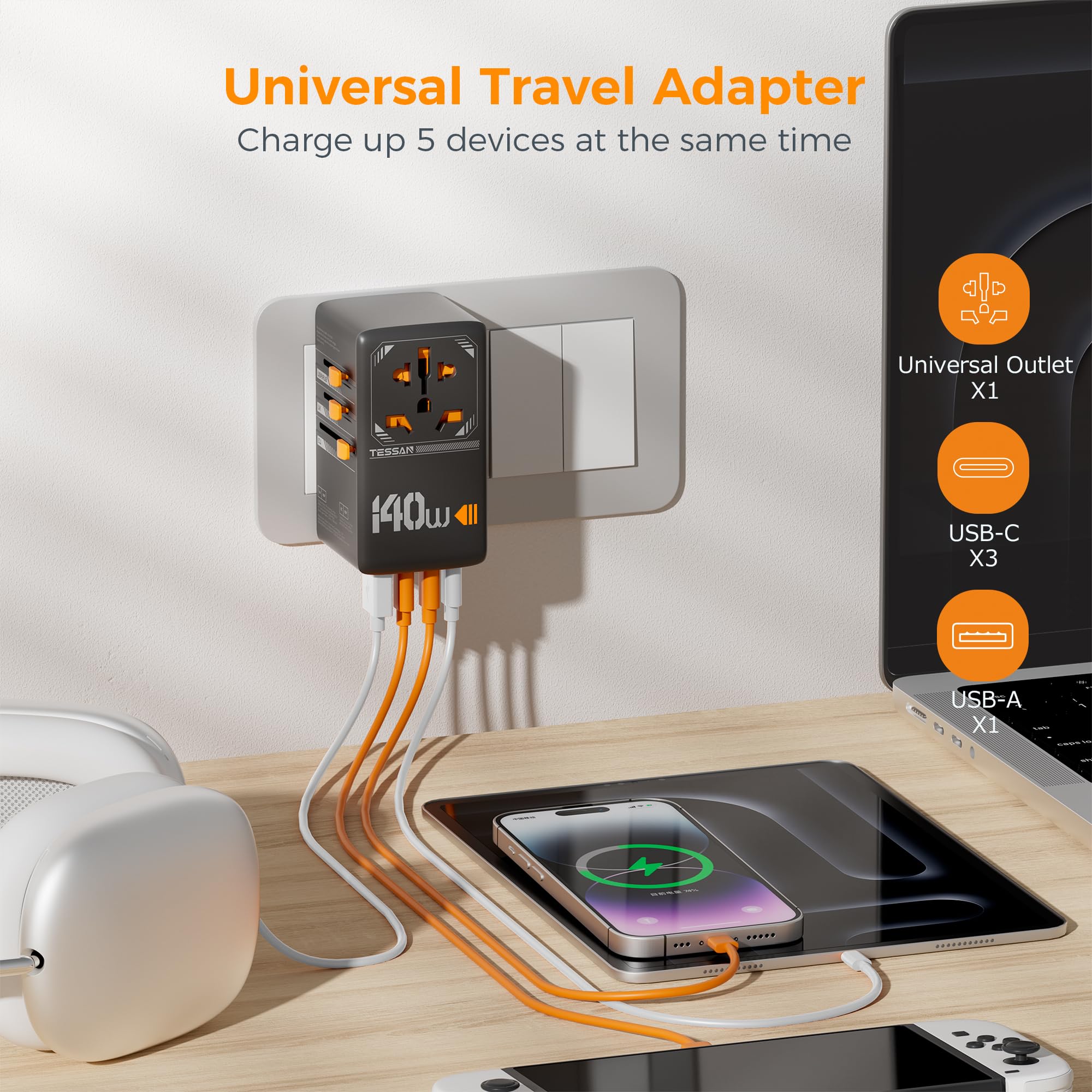 Foto 5 pulgar | Adaptador De Viaje Universal Tessan 140 W Gan Con 3 Usb C, 1 Usb A - Venta Internacional.