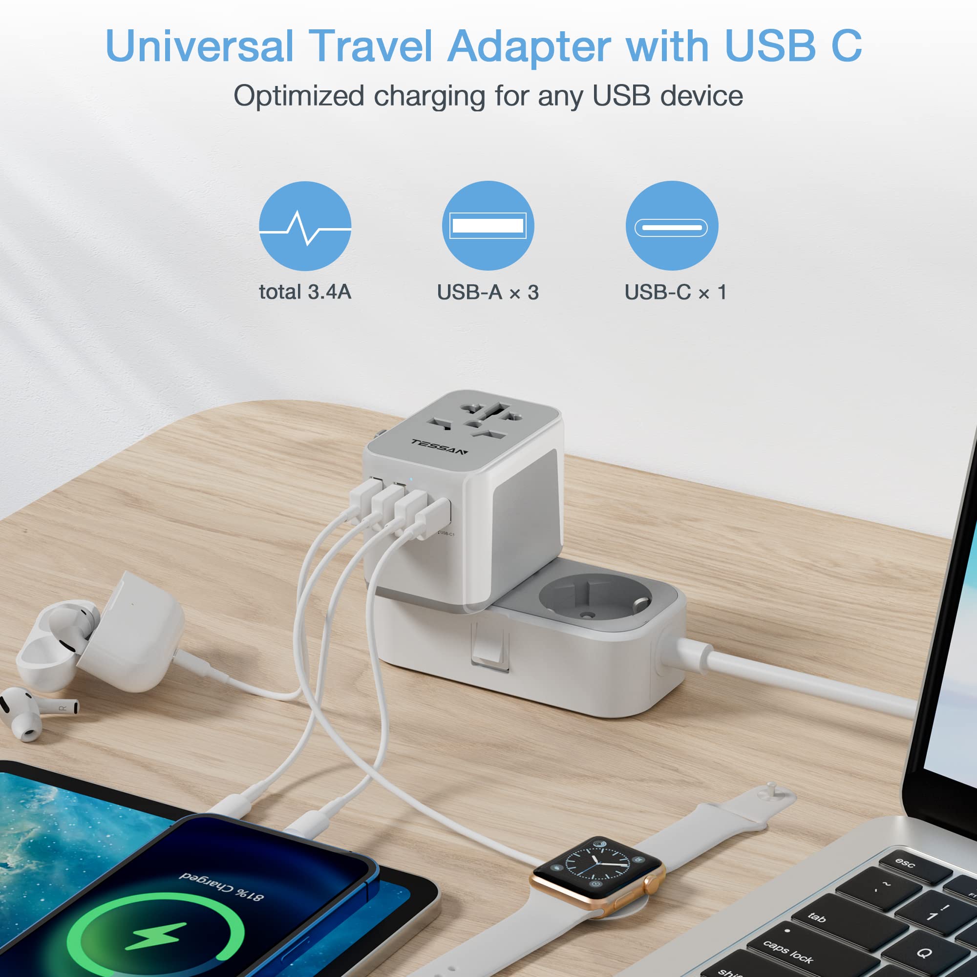 Foto 3 | Adaptador De Enchufe Tessan International Con 4 Puertos Usb Tipo C/g/a/i - Venta Internacional.