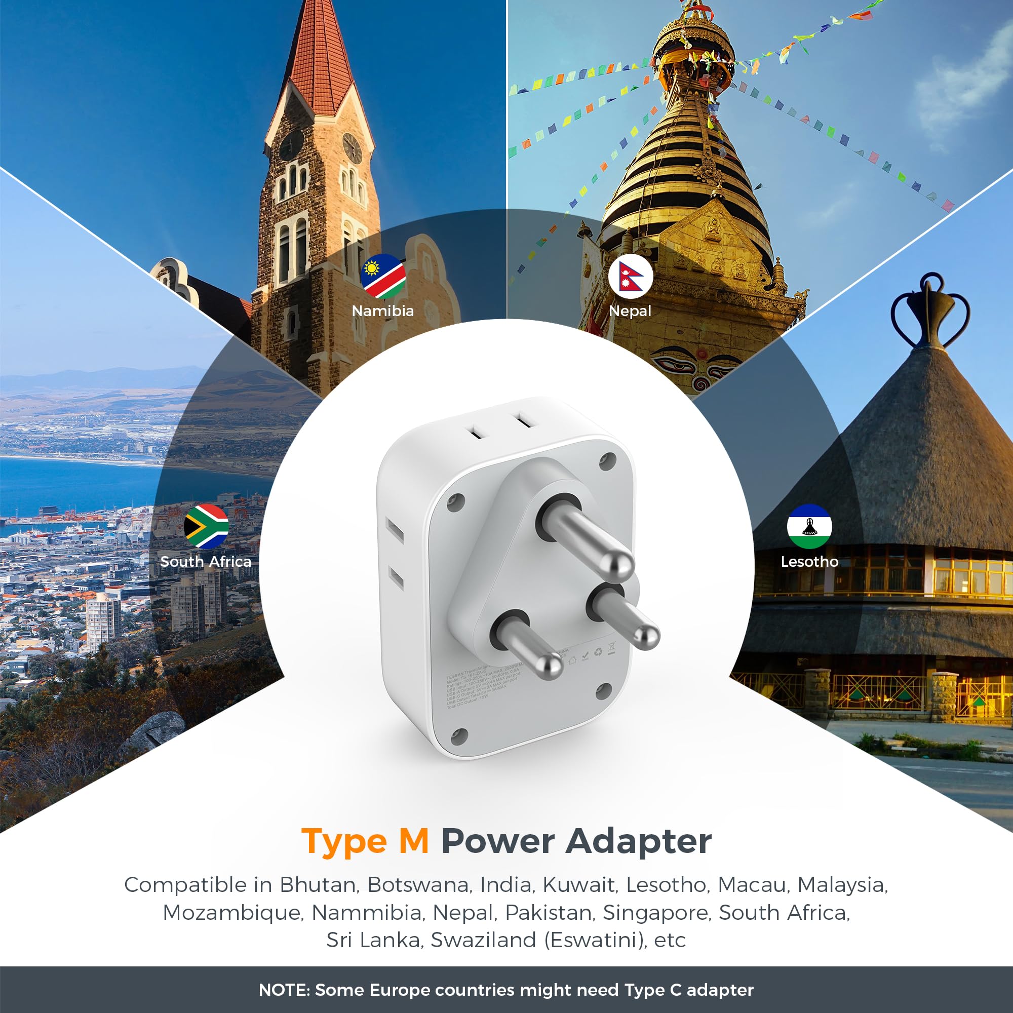 Foto 3 pulgar | Adaptador De Enchufe Tessan Tipo M Con 4 Tomas De Corriente Alterna Y 3 Puertos Usb - Venta Internacional.