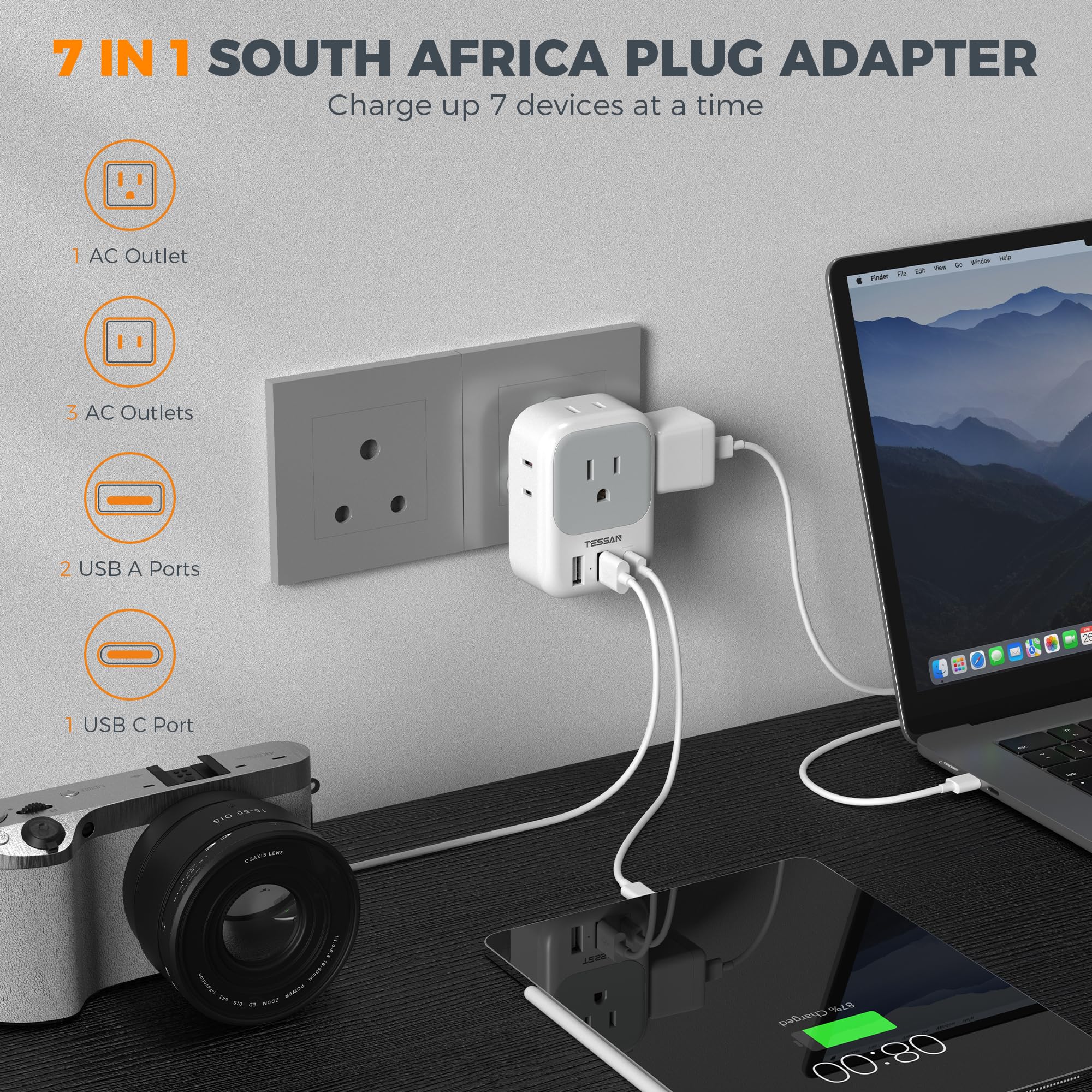 Foto 4 pulgar | Adaptador De Enchufe Tessan Tipo M Con 4 Tomas De Corriente Alterna Y 3 Puertos Usb - Venta Internacional.