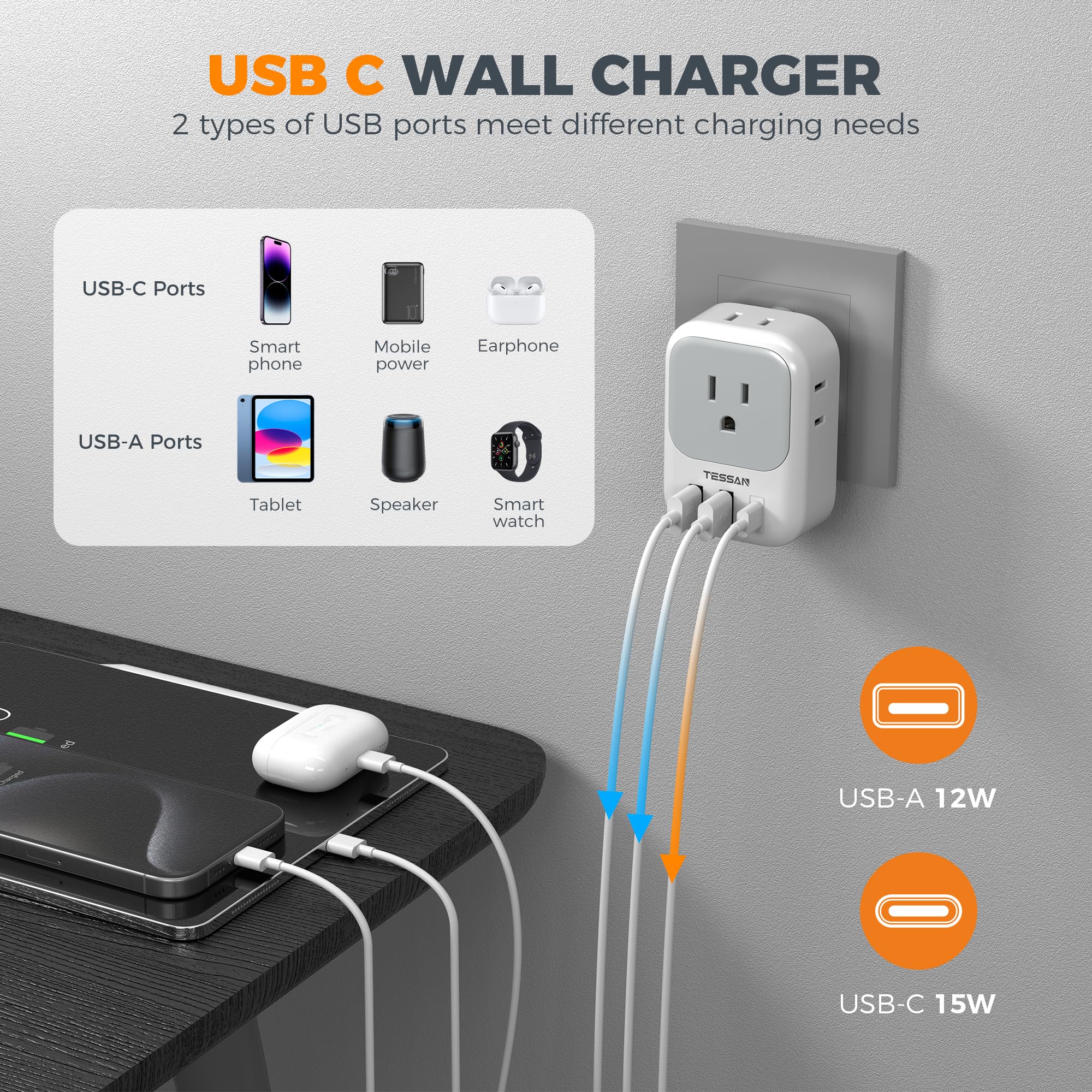 Foto 4 | Adaptador De Enchufe Tessan Tipo M Con 4 Tomas De Corriente Alterna Y 3 Puertos Usb - Venta Internacional.