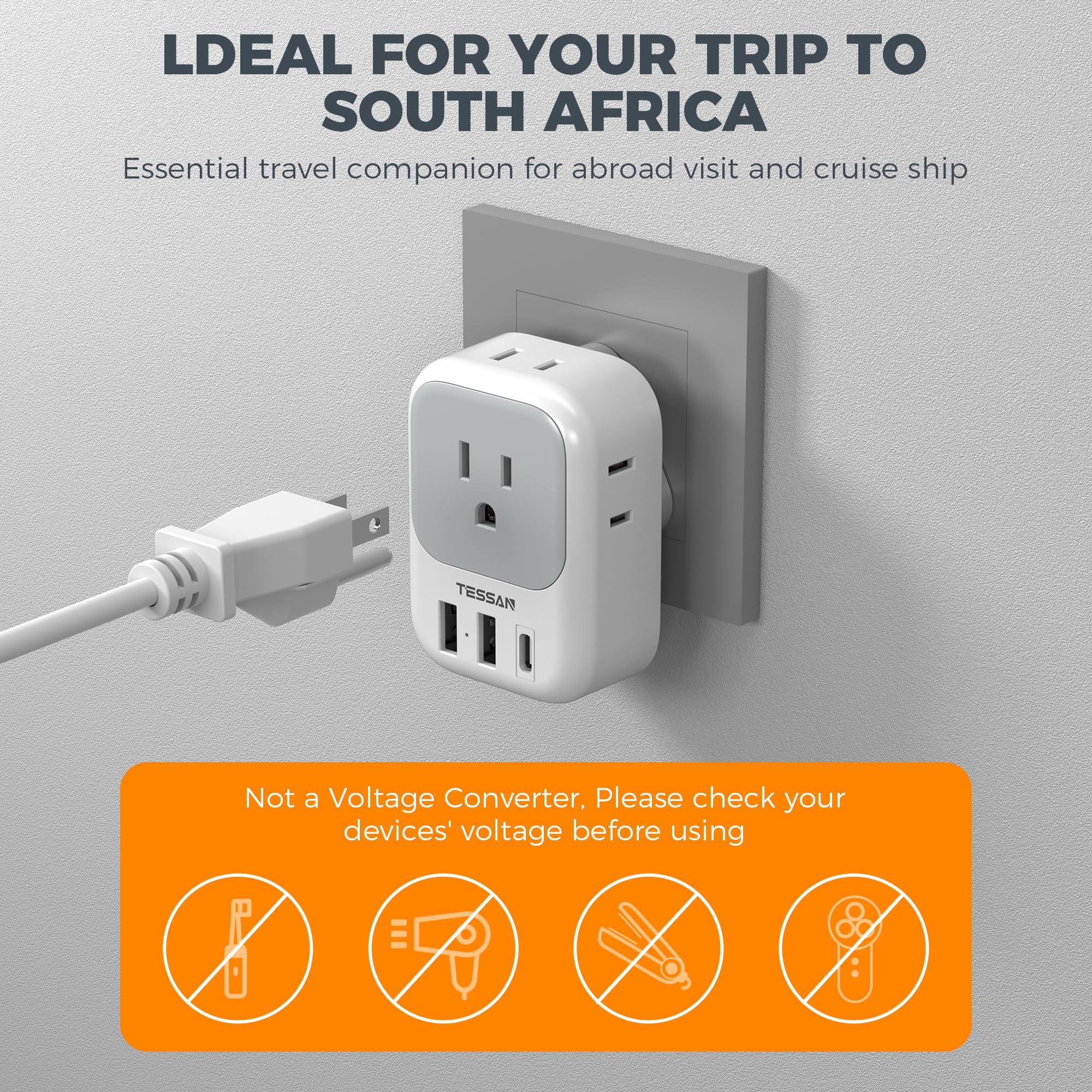 Foto 6 | Adaptador De Enchufe Tessan Tipo M Con 4 Tomas De Corriente Alterna Y 3 Puertos Usb - Venta Internacional.