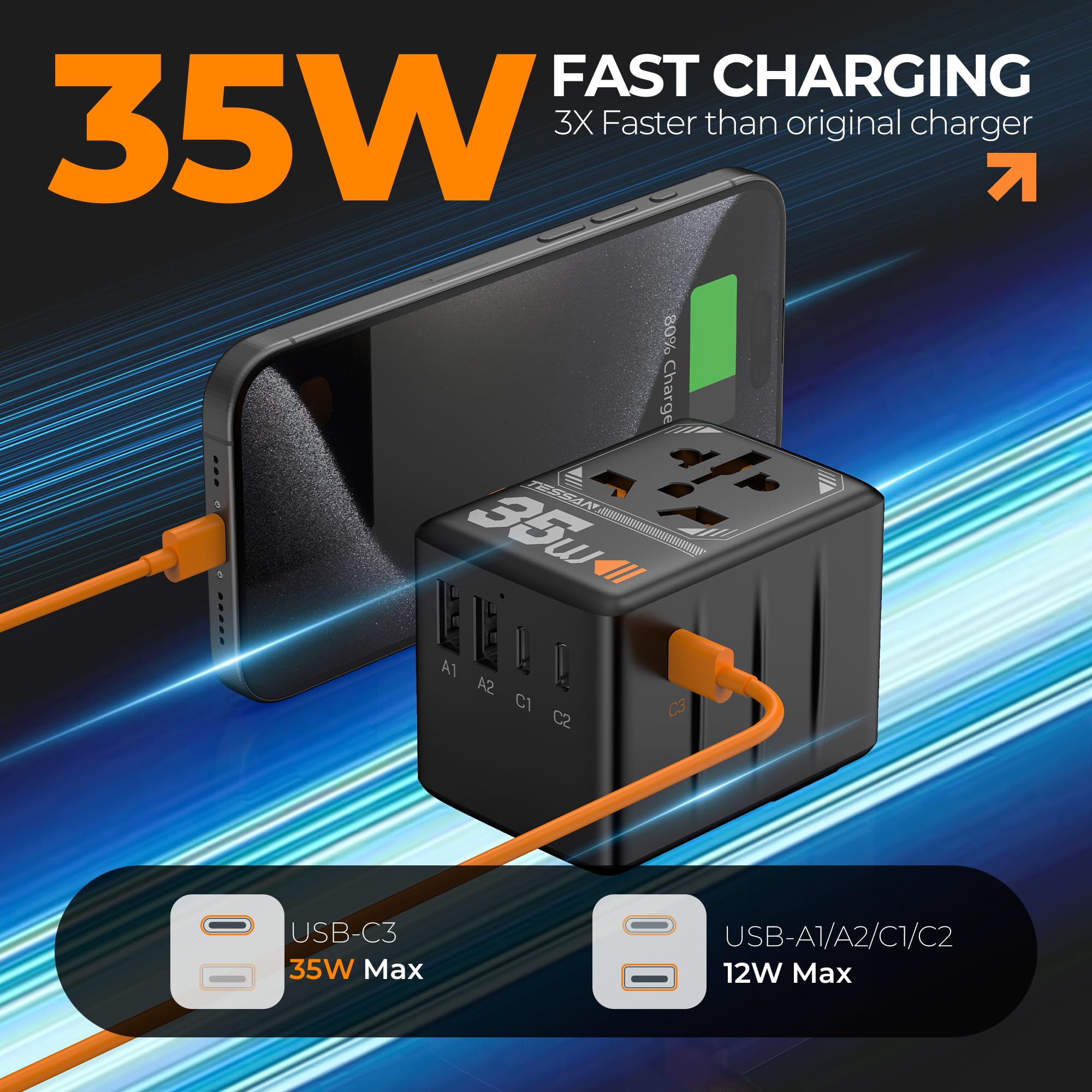 Foto 4 pulgar | Adaptador De Viaje Universal Tessan De 35 W Con 3 Usb C Y 2 Usb A - Venta Internacional.