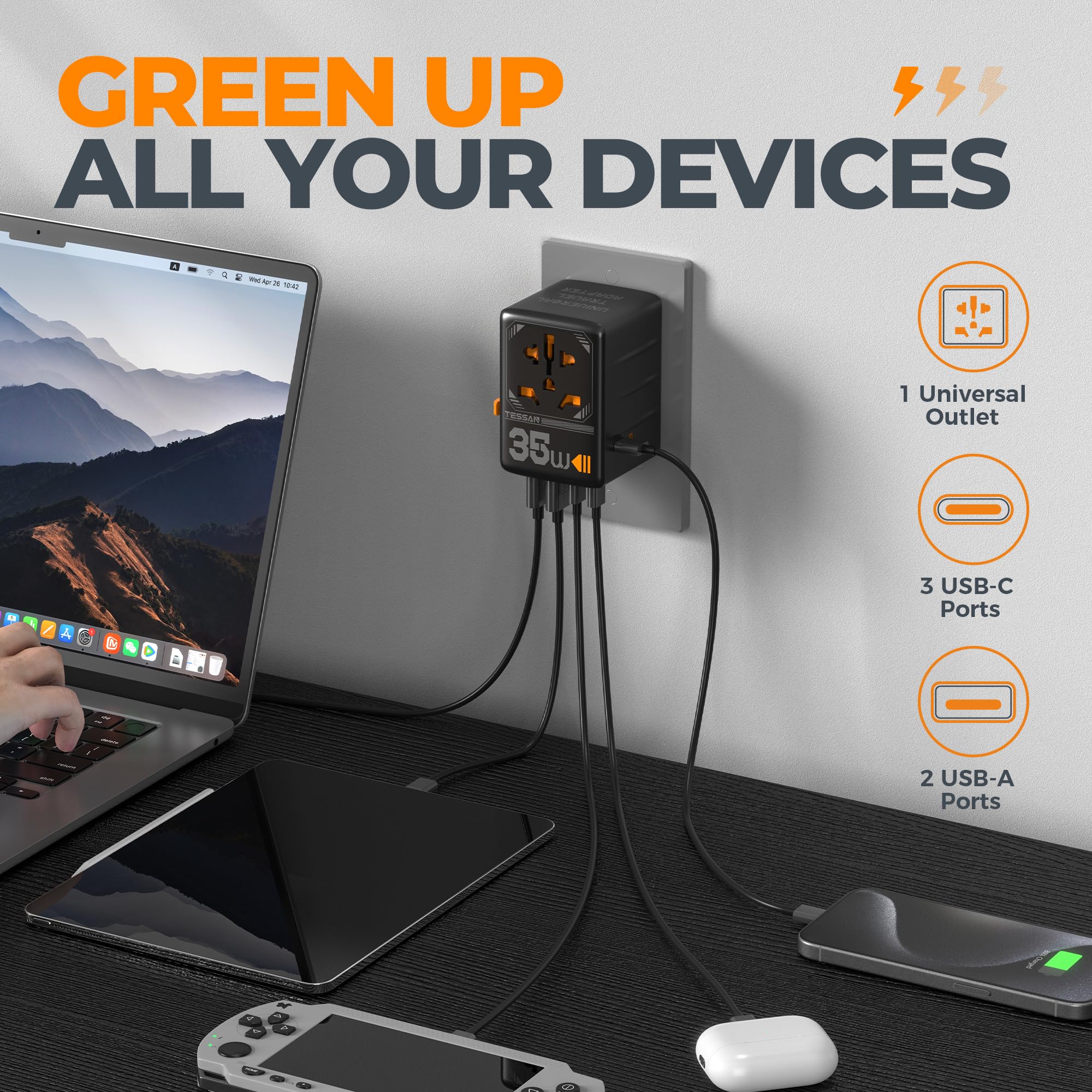Foto 5 pulgar | Adaptador De Viaje Universal Tessan De 35 W Con 3 Usb C Y 2 Usb A - Venta Internacional.