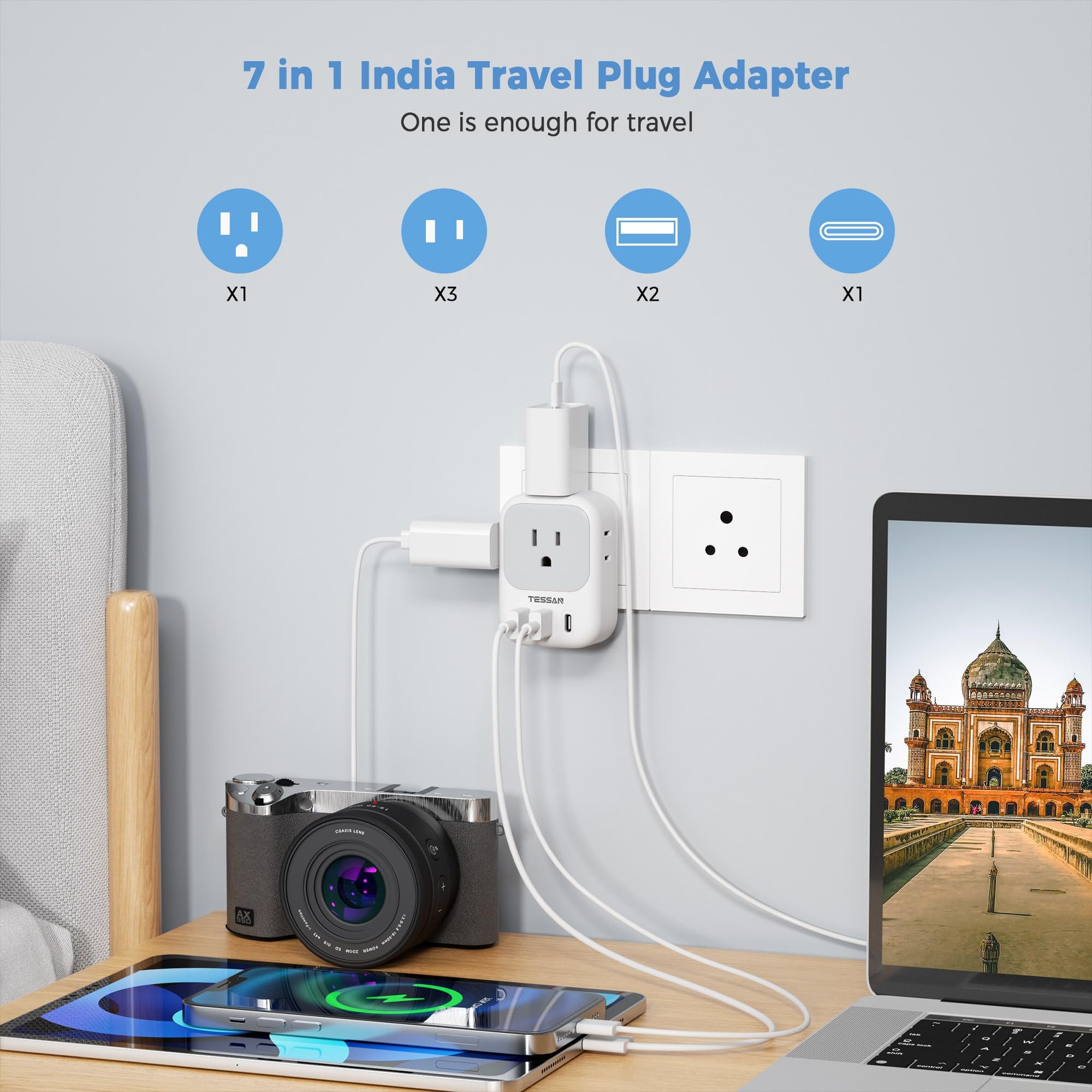 Foto 3 pulgar | Adaptador De Viaje Tessan Tipo D India Plug, Paquete De 2 Con Puertos Usb - Venta Internacional.